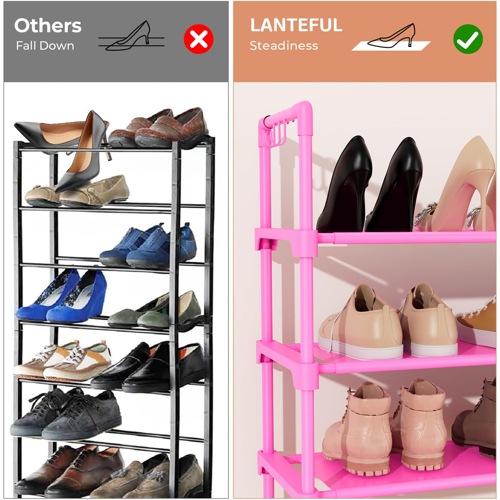 LANTEFUL 3 Tier Shoe Rack for Closet, Shoe Organizer with 5 Hooks, Long Shoe Shelf Storage for Sneaker and Boot Stackable Free Standing Shoe Rack for Entryway, Garage, Small Spaces, Dorm