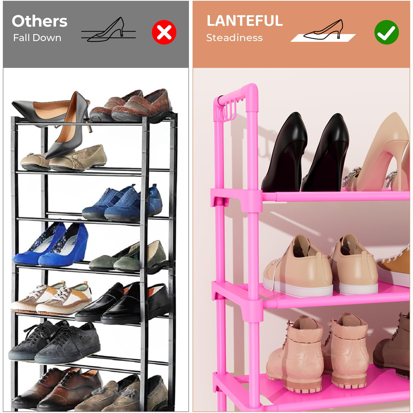 LANTEFUL 3 Tier Shoe Rack for Closet, Shoe Organizer with 5 Hooks, Long Shoe Shelf Storage for Sneaker and Boot Stackable Free Standing Shoe Rack for Entryway, Garage, Small Spaces, Dorm