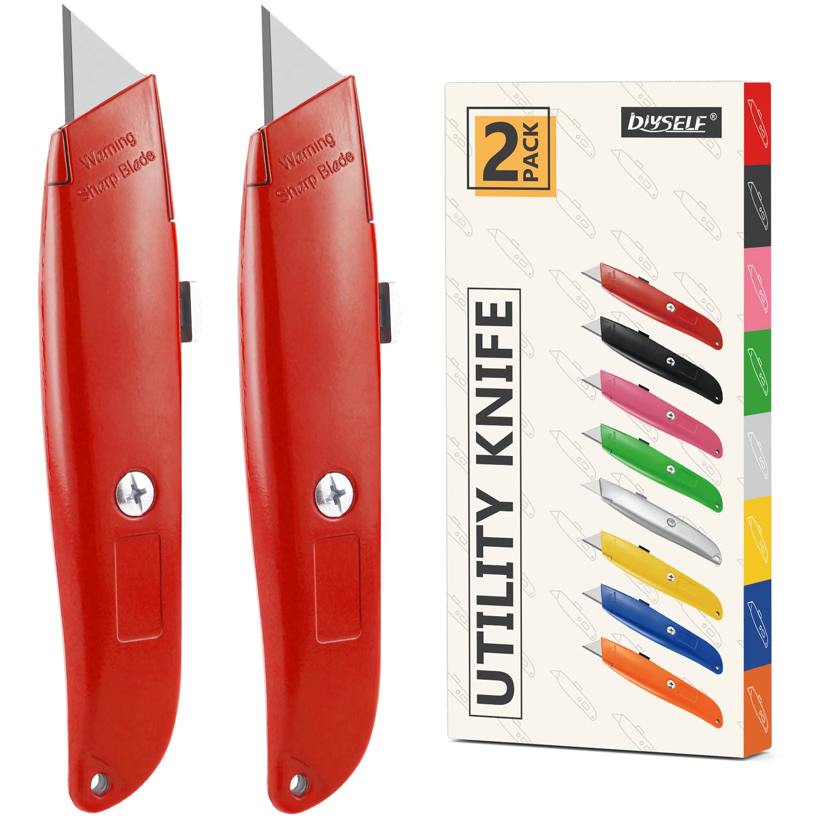 DIYSELF 2Pack Utility Knife Box Cutter Retractable Razor Blade Heavy Duty Box Cutters Knife PVC Pipe Cutter (Red)
