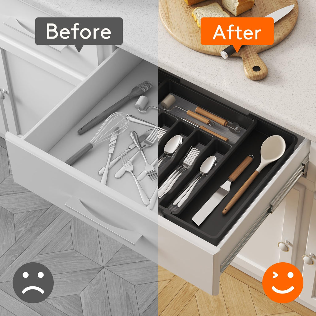 Lifewit Silverware Drawer Organizer, Expandable Utensil Tray for Kitchen, BPA Free Flatware and Cutlery Holder, Adjustable Plastic Storage for Spoons Forks Knives, 8.5"-14.1" x 12.1", Black
