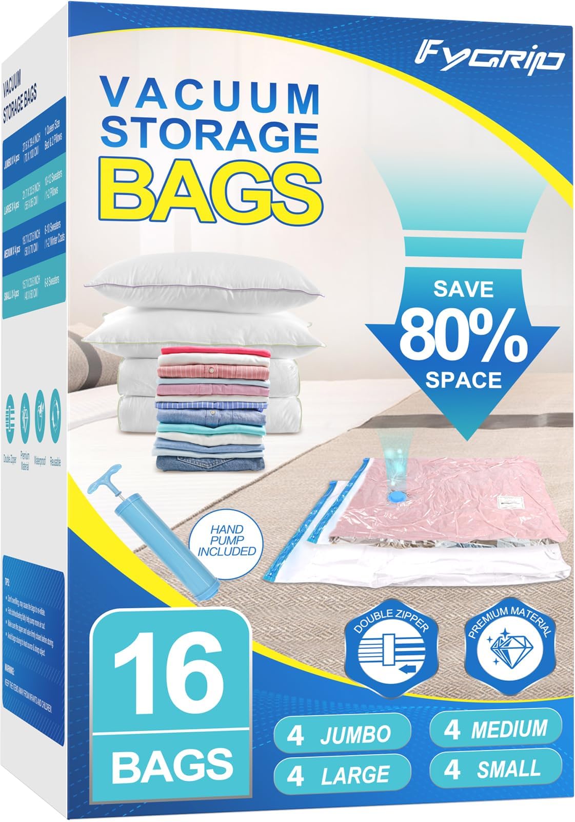 Fygrip 20 Pack Vacuum Storage Bags with Hand Pump, 4 Jumbo + 4 Large + 4 Medium + 8 Small Plastic Packaging Bags, 80% Space Saver Vacuum Seal Bags for Clothing, Travel Lugggage, Blankets, Comforters