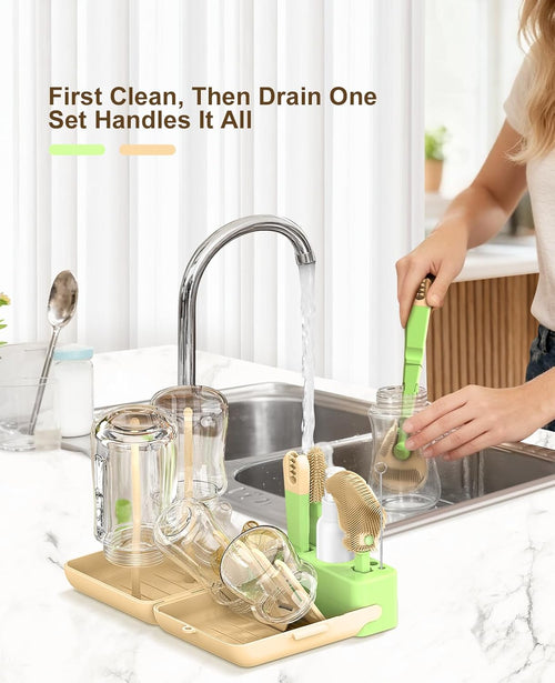 7 in 1 Baby Bottle Brush Set, BPA-Free Travel Bottle Cleaner Kit with U-Shaped Silicone/Nipple/Straw Brush, Portable Drying Rack, Soap Dispenser & Storage Box - Baby Travel & Home Essential