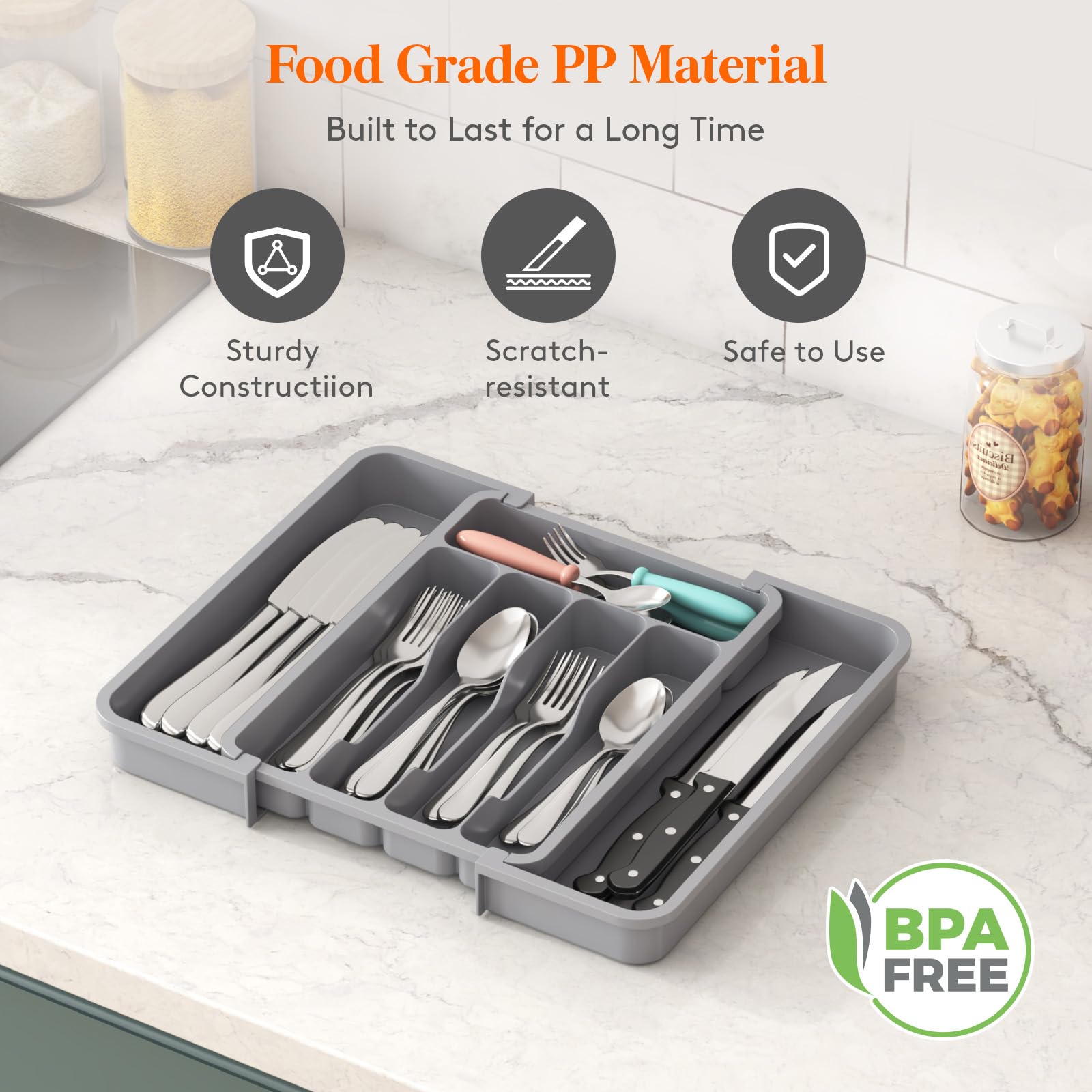 Lifewit Silverware Drawer Organizer, Expandable Utensil Tray for Kitchen, BPA Free Flatware and Cutlery Holder, Adjustable Plastic Storage for Spoons Forks Knives, 8.5"-14.1" x 12.1", Black