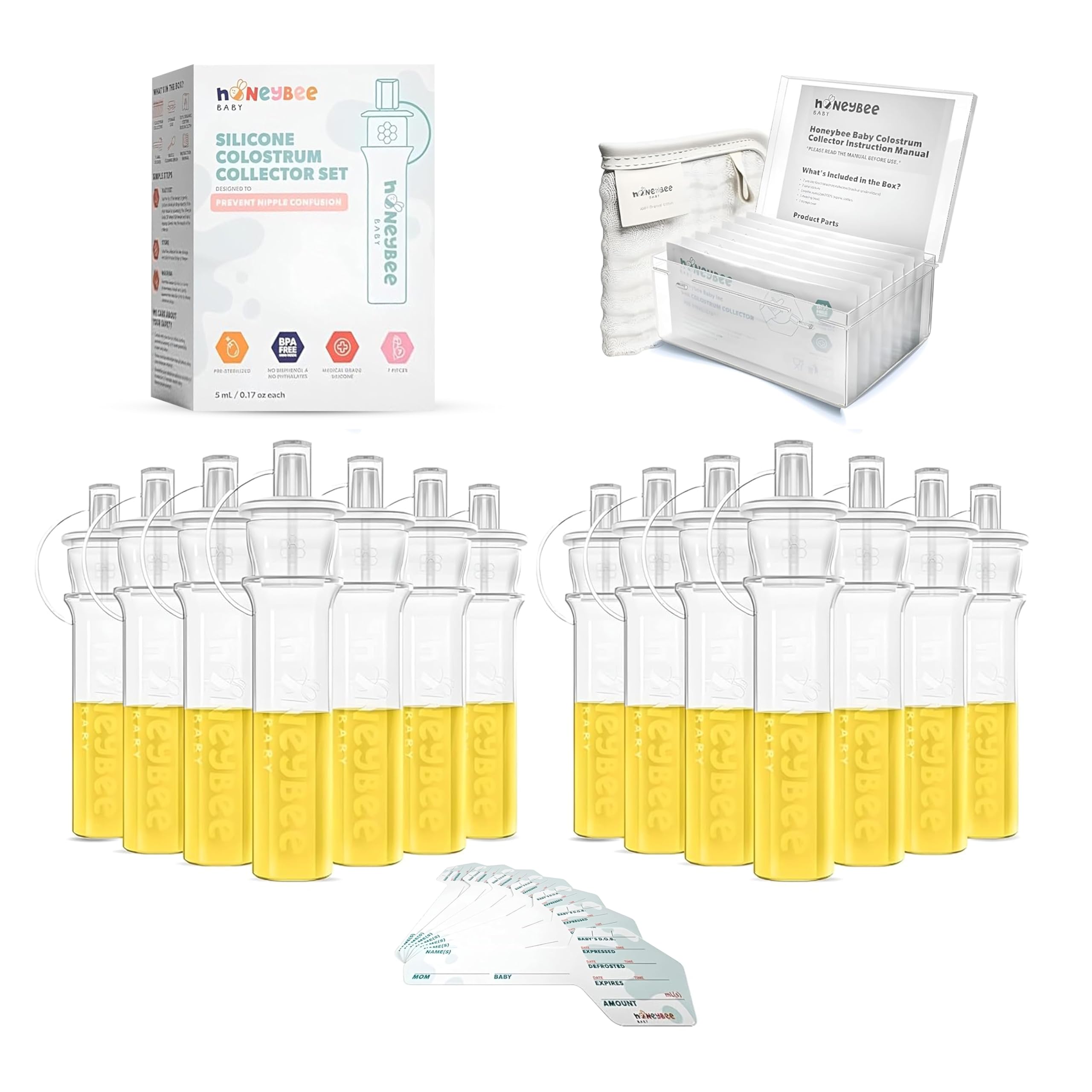 Colostrum Collector Kit | Reusable Silicone Breast Milk Collector for Harvesting Colostrum Breastmilk, Pre-Sterilized Includes Storage Case & Cotton Wipe | Set of 7 Collectors, 5mL Each
