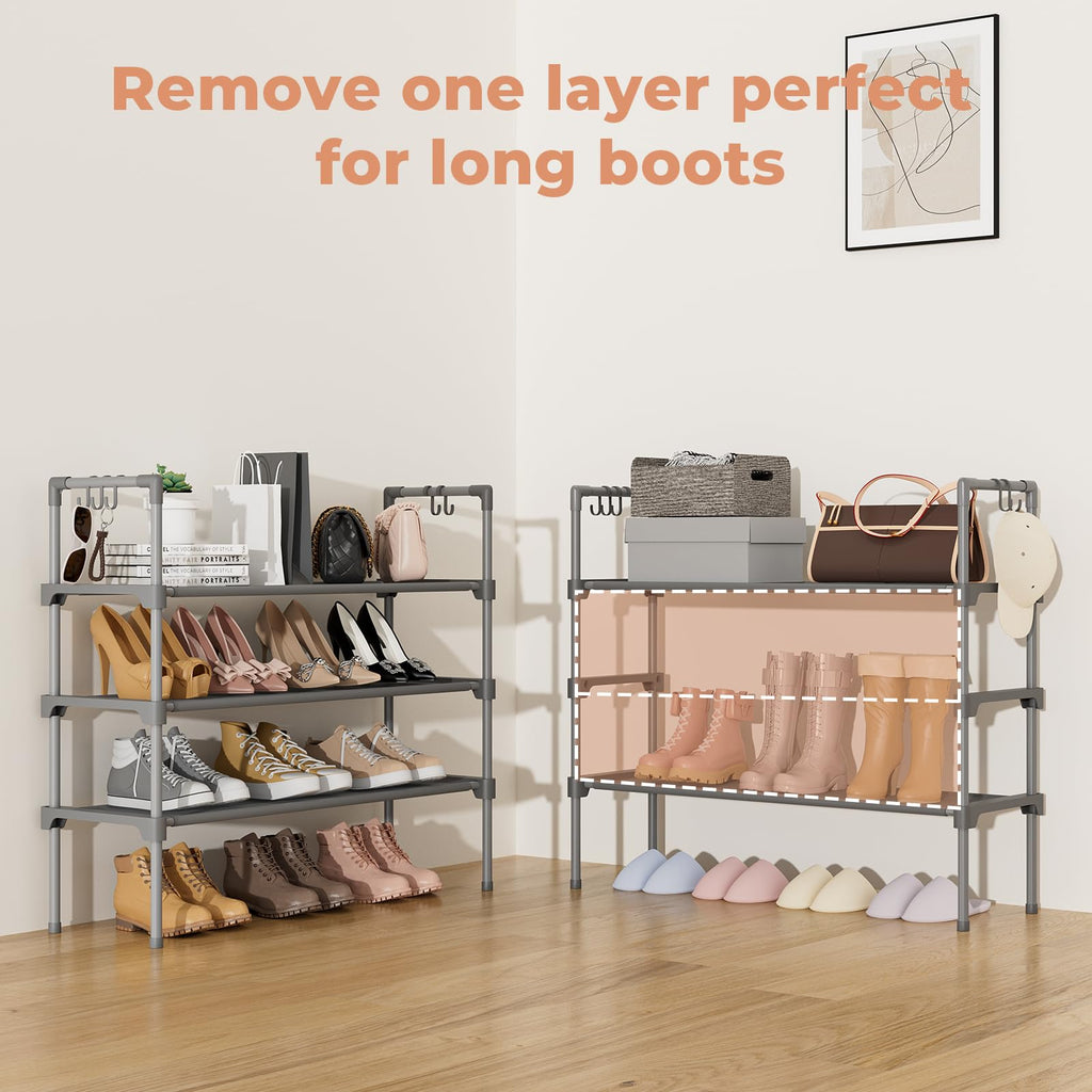 LANTEFUL 3 Tier Shoe Rack for Closet, Shoe Organizer with 5 Hooks, Long Shoe Shelf Storage for Sneaker and Boot Stackable Free Standing Shoe Rack for Entryway, Garage, Small Spaces, Dorm