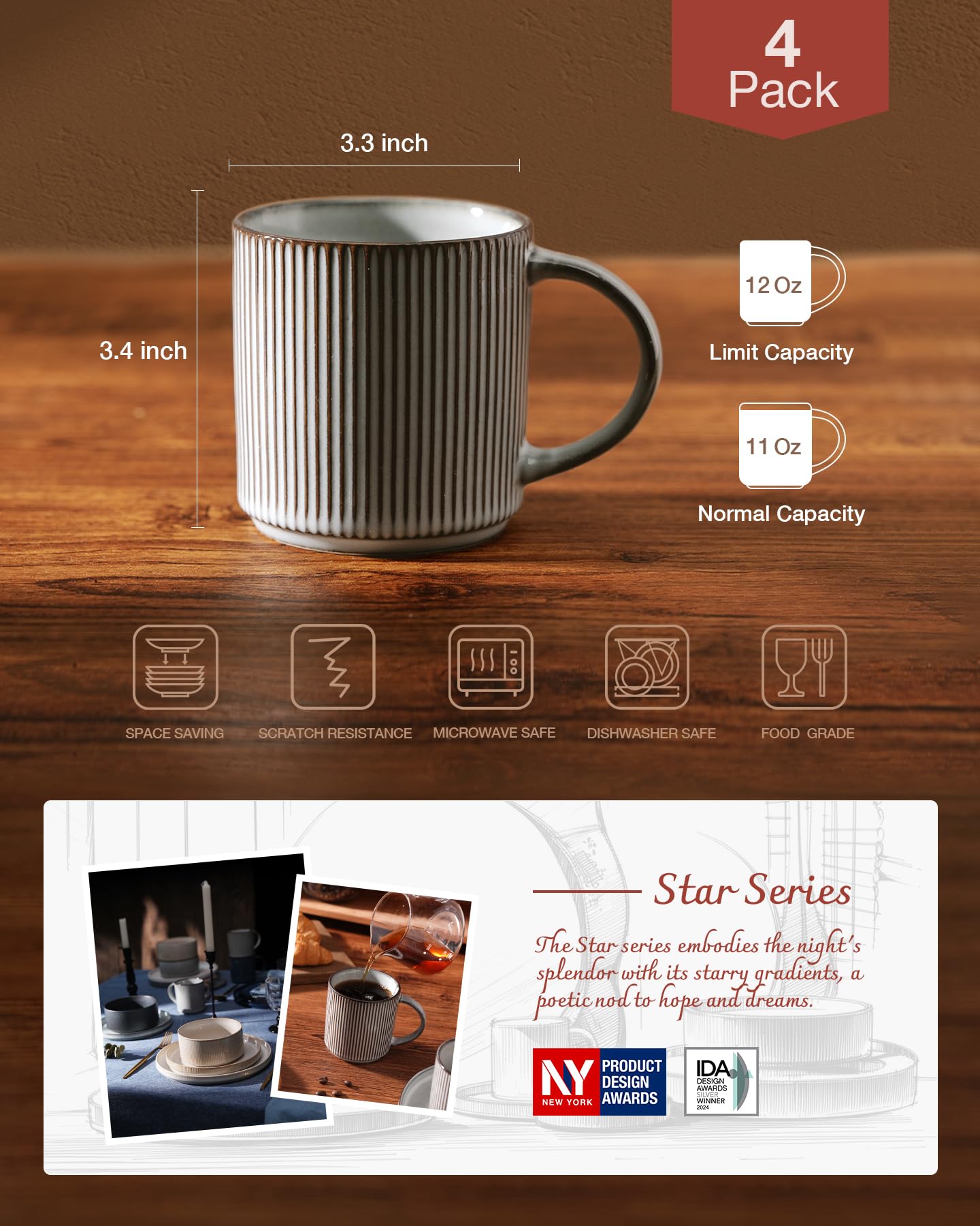 famiware Coffee Mugs Set of 6, Starlight 11 oz Mug Cup Set with Handle for Coffee, Tea, Cocoa, Milk - Ceramic Stoneware Mug Set, Matte Black Grey