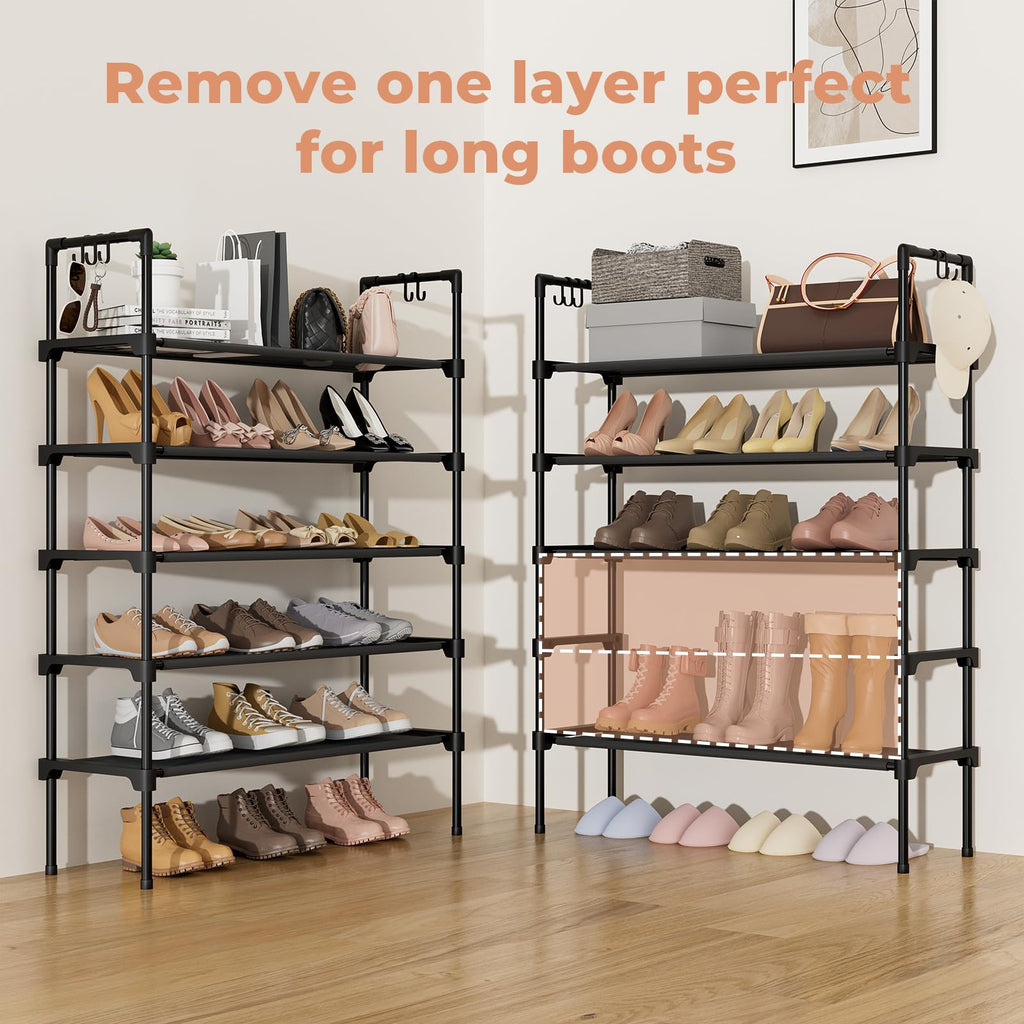 LANTEFUL 3 Tier Shoe Rack for Closet, Shoe Organizer with 5 Hooks, Long Shoe Shelf Storage for Sneaker and Boot Stackable Free Standing Shoe Rack for Entryway, Garage, Small Spaces, Dorm