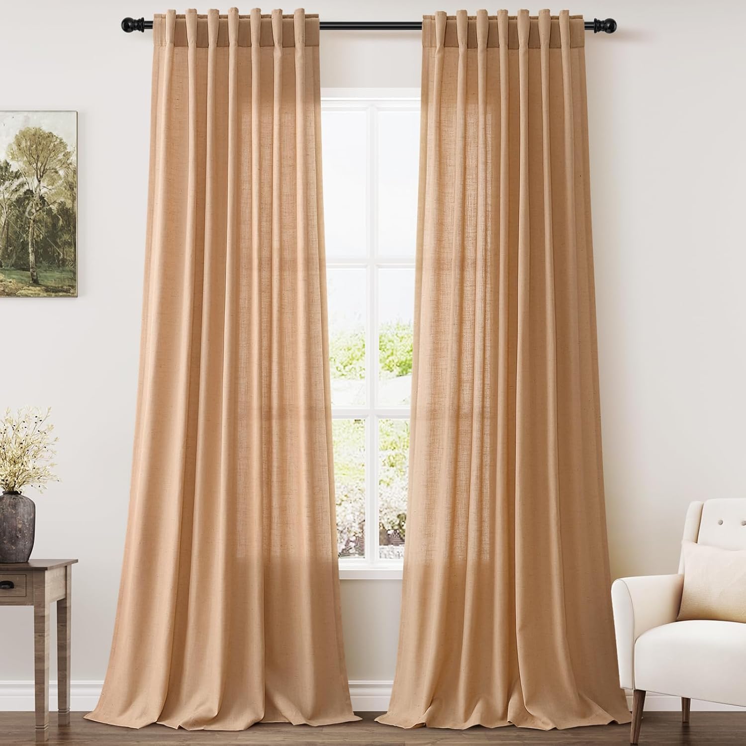Nanspring Burgundy Linen Curtains 84 Inch Length 2 Panels Set for Living Room Rod Pocket Back Tab Light Filtering Window Drapes for Bedroom Dining Room Protect Privacy Modern Farmhouse Decor 52x84