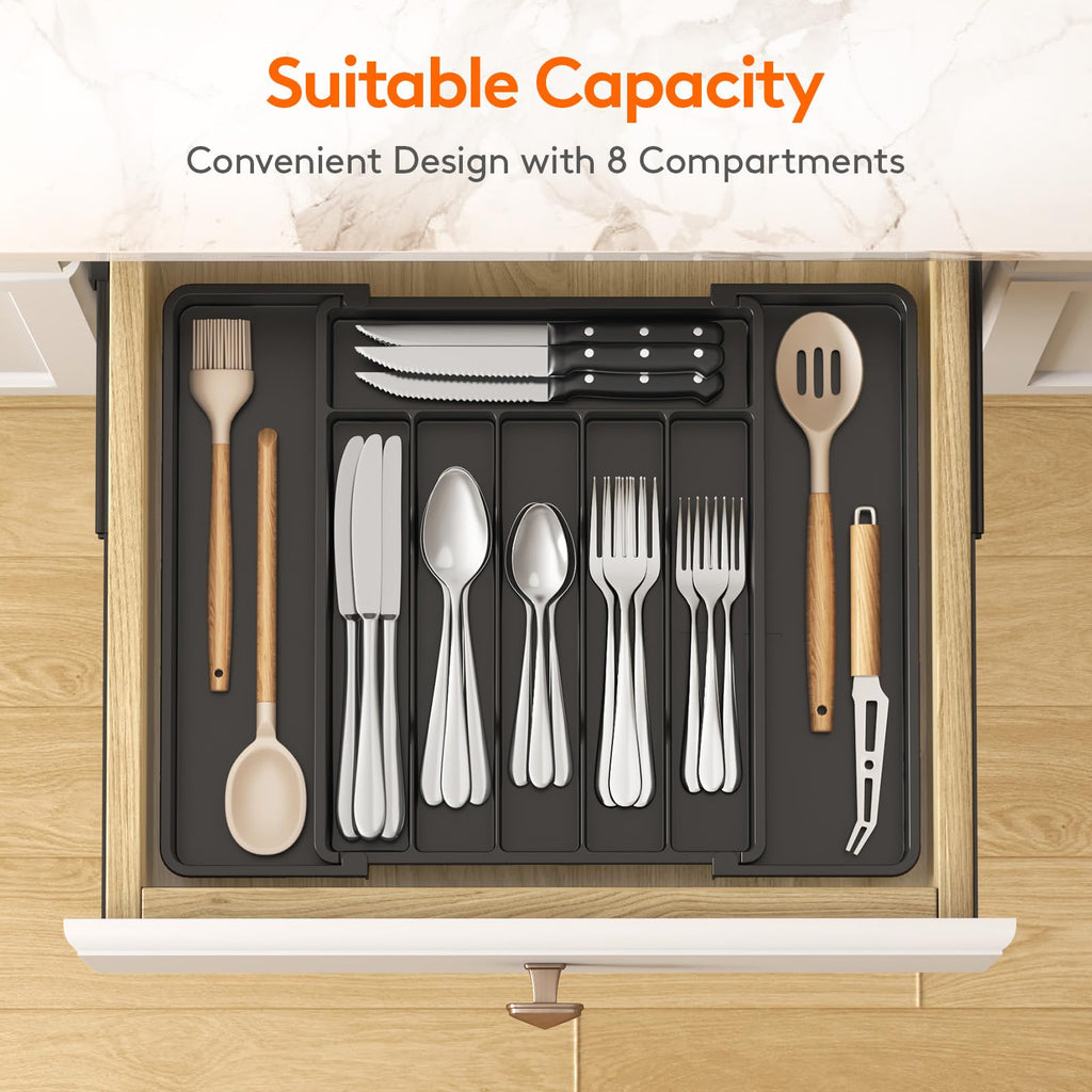 Lifewit Silverware Drawer Organizer, Expandable Utensil Tray for Kitchen, BPA Free Flatware and Cutlery Holder, Adjustable Plastic Storage for Spoons Forks Knives, 8.5"-14.1" x 12.1", Black