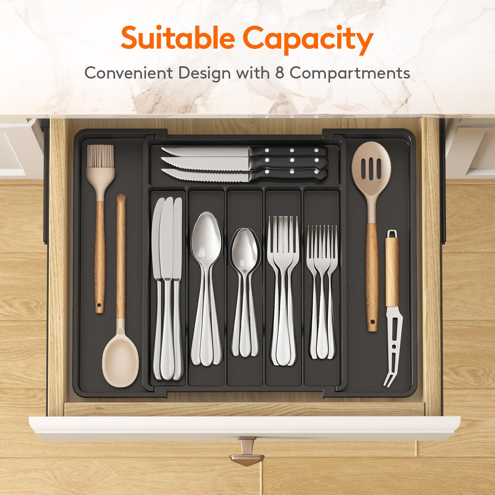 Lifewit Silverware Drawer Organizer, Expandable Utensil Tray for Kitchen, BPA Free Flatware and Cutlery Holder, Adjustable Plastic Storage for Spoons Forks Knives, 8.5"-14.1" x 12.1", Black