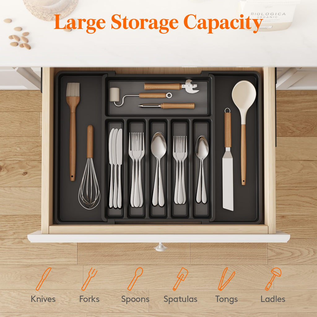 Lifewit Silverware Drawer Organizer, Expandable Utensil Tray for Kitchen, BPA Free Flatware and Cutlery Holder, Adjustable Plastic Storage for Spoons Forks Knives, 8.5"-14.1" x 12.1", Black