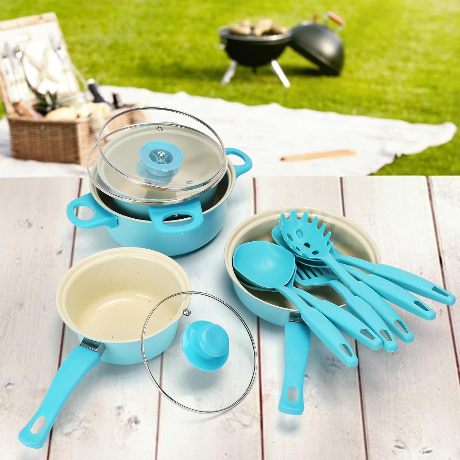 Non-Stick Cookware Set, Portable Lightweight Cast Iron Pots and Pans with Glass Lids and Nylon Utensils - 13 Piece Set Blue for Outdoor Camping Picnic Travel