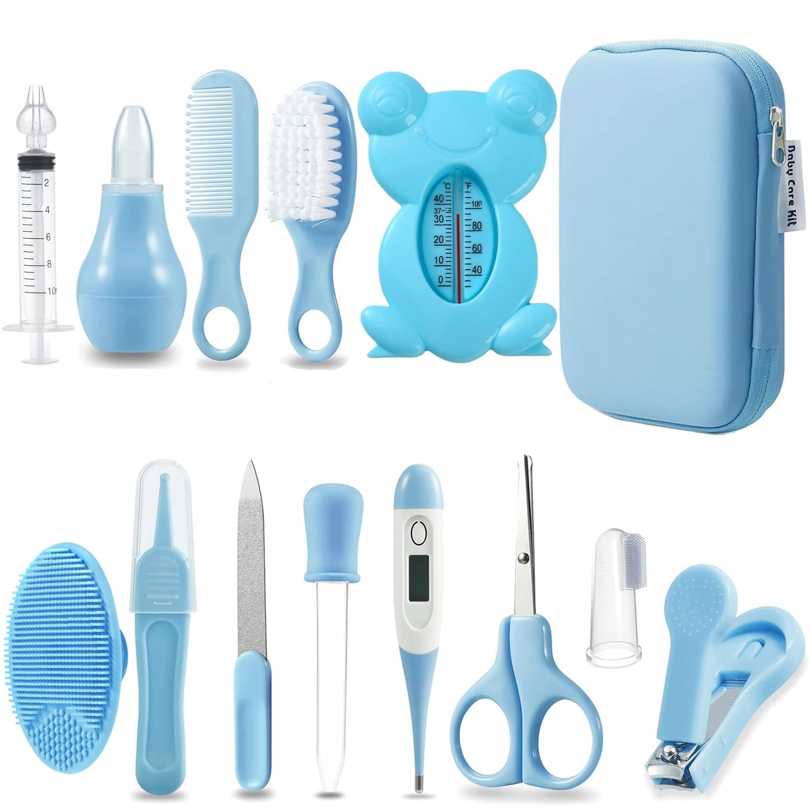 PandaEar Baby Healthcare & Grooming Kit - Baby Safety Set Comb, Brush, Finger Toothbrush, Nail Clippers, Scissors, Nasal Aspirator - Nursery Care Kit (Blue)