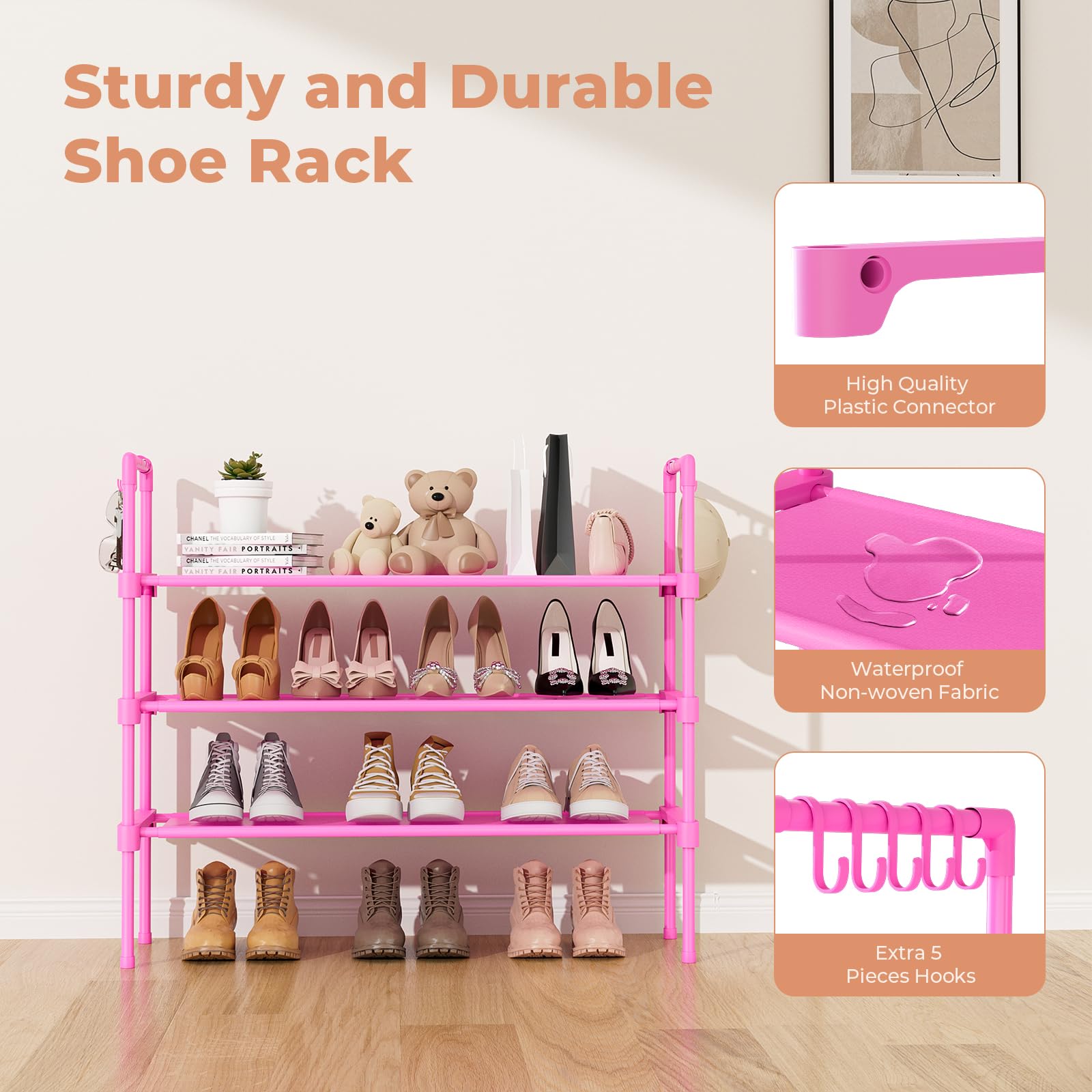 LANTEFUL 3 Tier Shoe Rack for Closet, Shoe Organizer with 5 Hooks, Long Shoe Shelf Storage for Sneaker and Boot Stackable Free Standing Shoe Rack for Entryway, Garage, Small Spaces, Dorm
