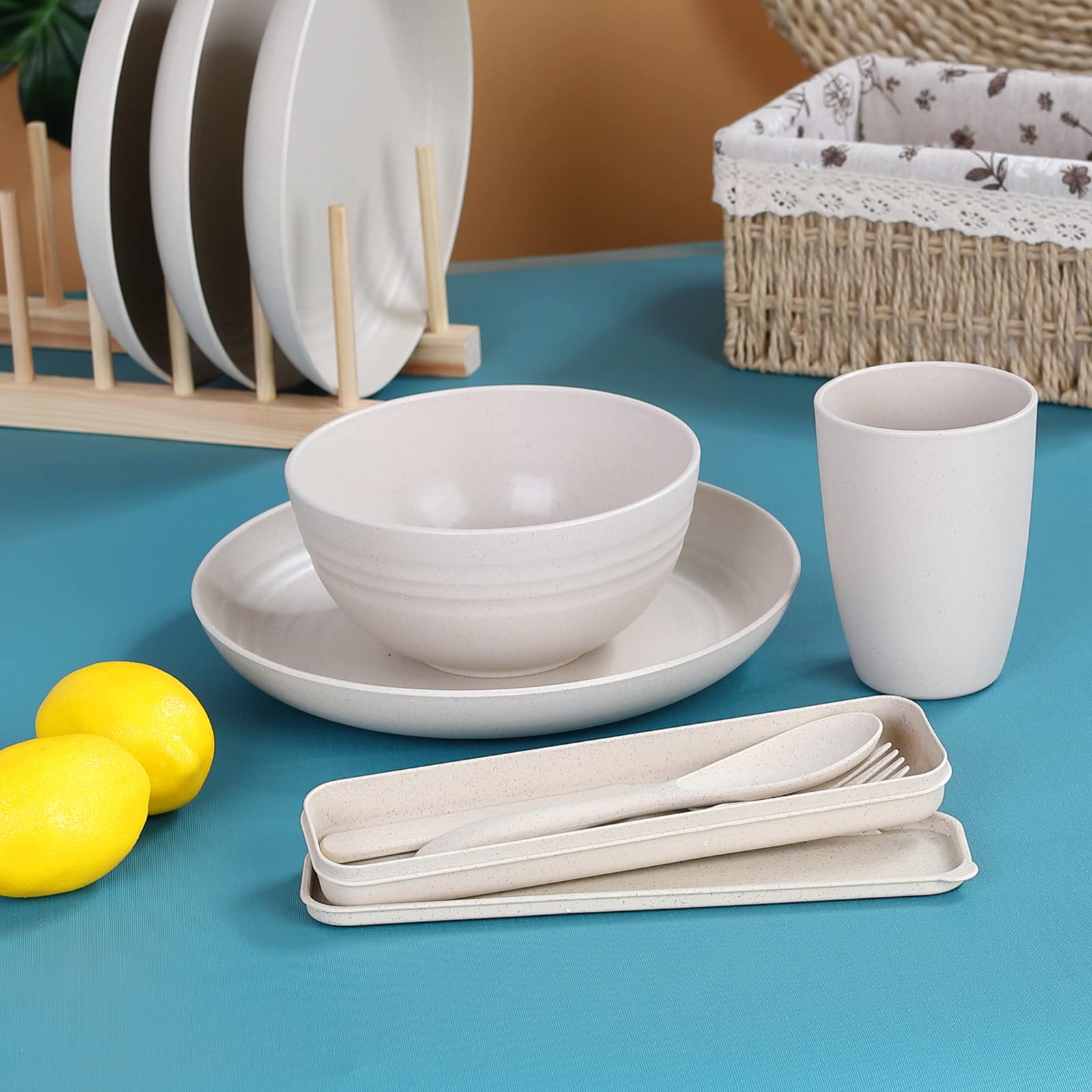 Wheat Straw Dinnerware Sets for 4, Wheat Straw Plates and Bowls Sets Kitchen Dishes 28pcs College Dorm Room Essentials Cutlery Set Microwave Safe (Beige)