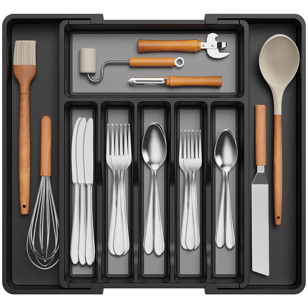 Lifewit Silverware Drawer Organizer, Expandable Utensil Tray for Kitchen, BPA Free Flatware and Cutlery Holder, Adjustable Plastic Storage for Spoons Forks Knives, 8.5"-14.1" x 12.1", Black