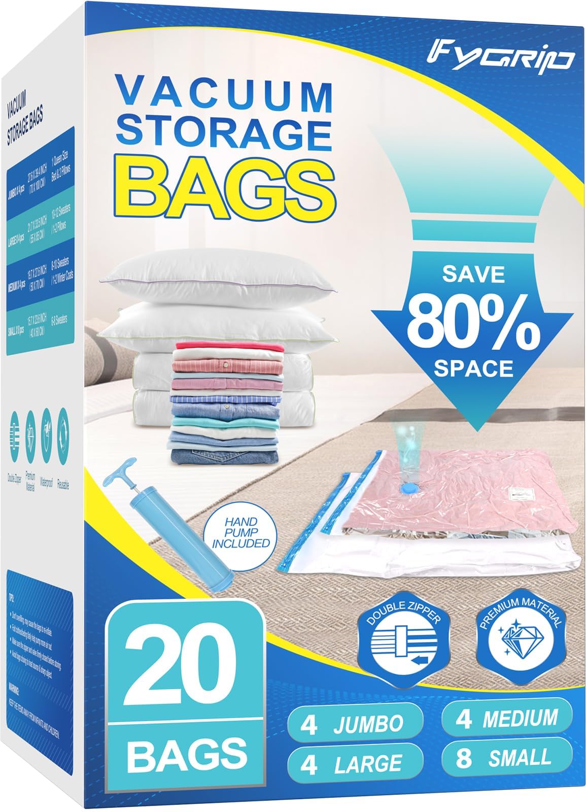 Fygrip 20 Pack Vacuum Storage Bags with Hand Pump, 4 Jumbo + 4 Large + 4 Medium + 8 Small Plastic Packaging Bags, 80% Space Saver Vacuum Seal Bags for Clothing, Travel Lugggage, Blankets, Comforters