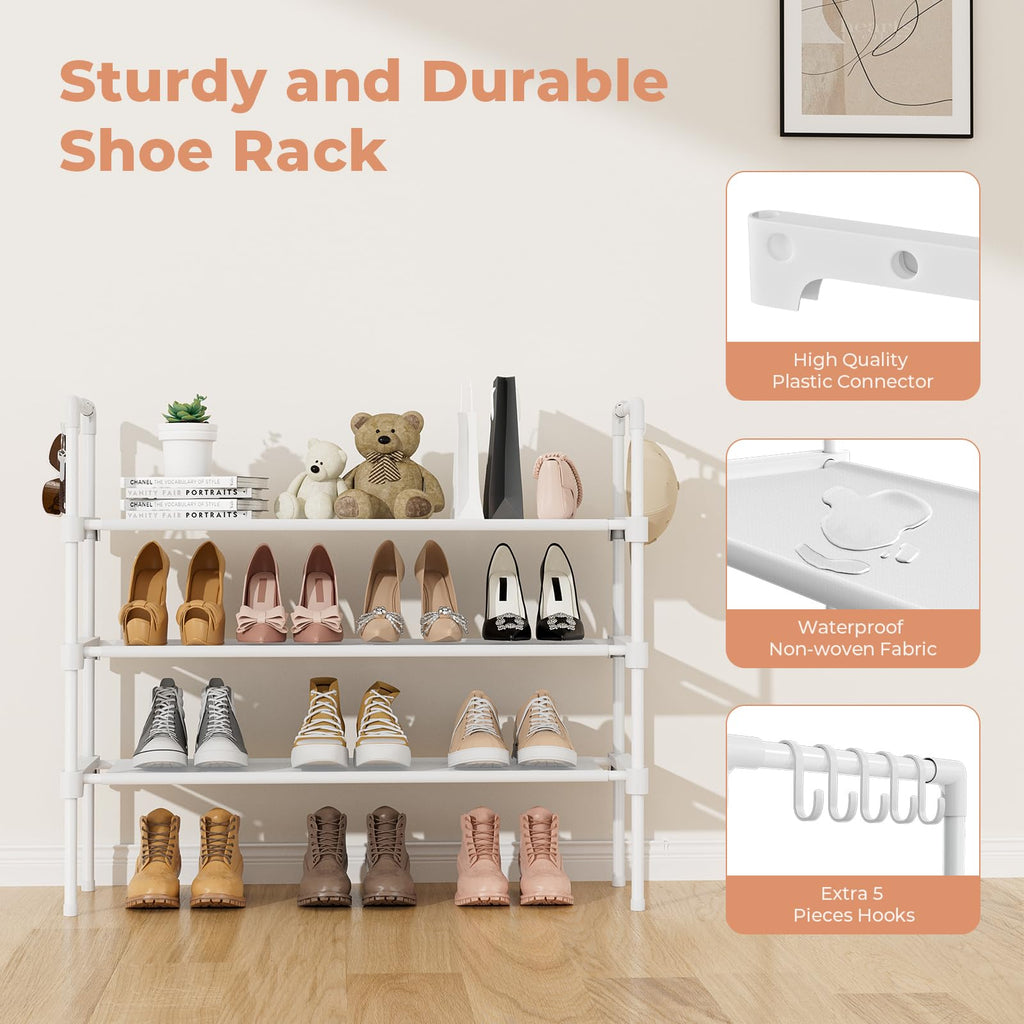 LANTEFUL 3 Tier Shoe Rack for Closet, Shoe Organizer with 5 Hooks, Long Shoe Shelf Storage for Sneaker and Boot Stackable Free Standing Shoe Rack for Entryway, Garage, Small Spaces, Dorm