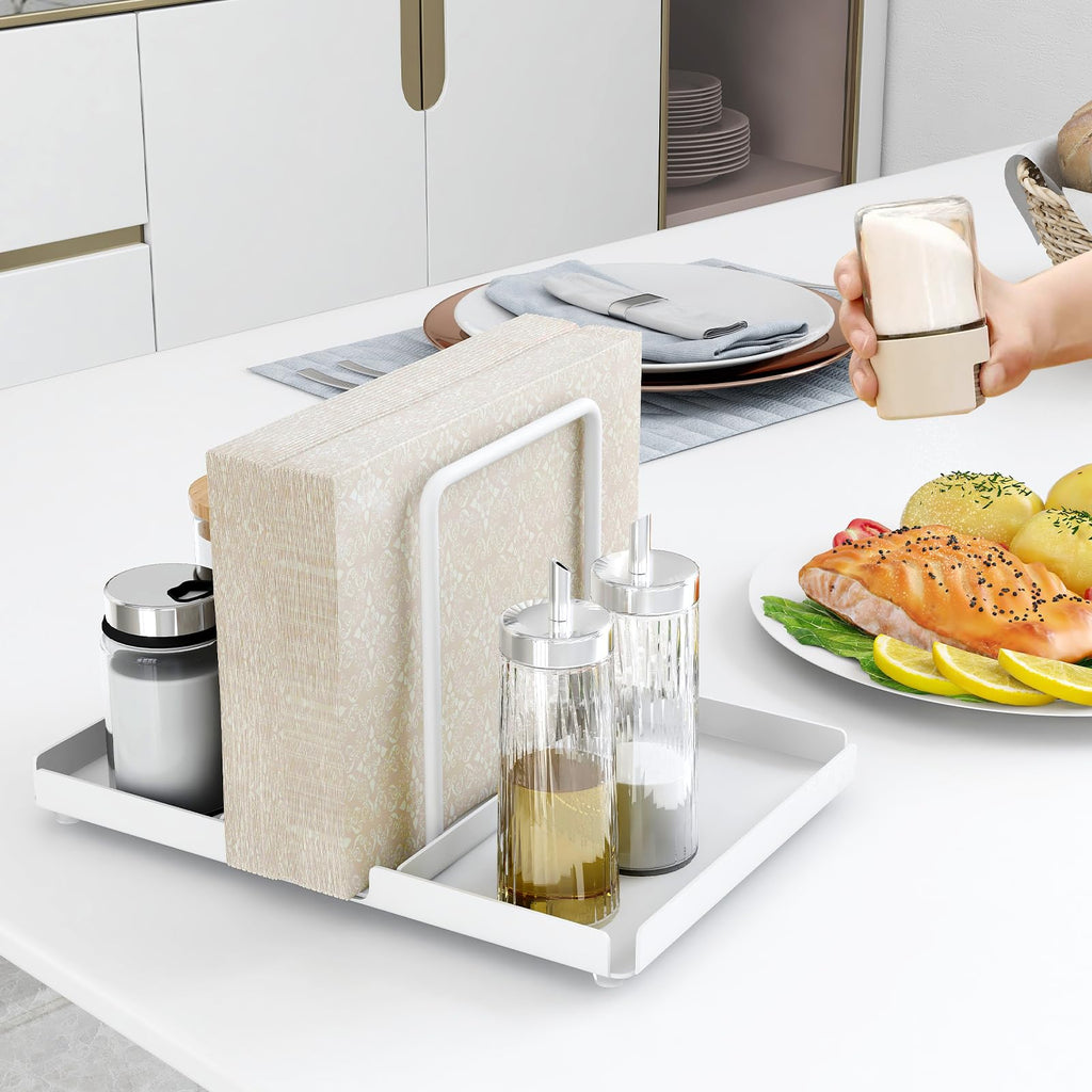 Napkin Holder for Table, Metal Napkin Holder with Salt and Pepper Shakers Caddy, Standing Paper Napkin Storage for Kitchen Dining Table Decor, Black
