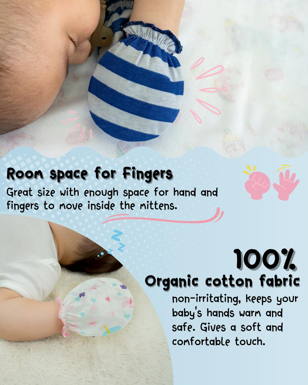RATIVE Baby Mittens No Scratch Organic Cotton for Newborn 0-6 Months | Baby Essentials Must-Haves for Boys & Girls