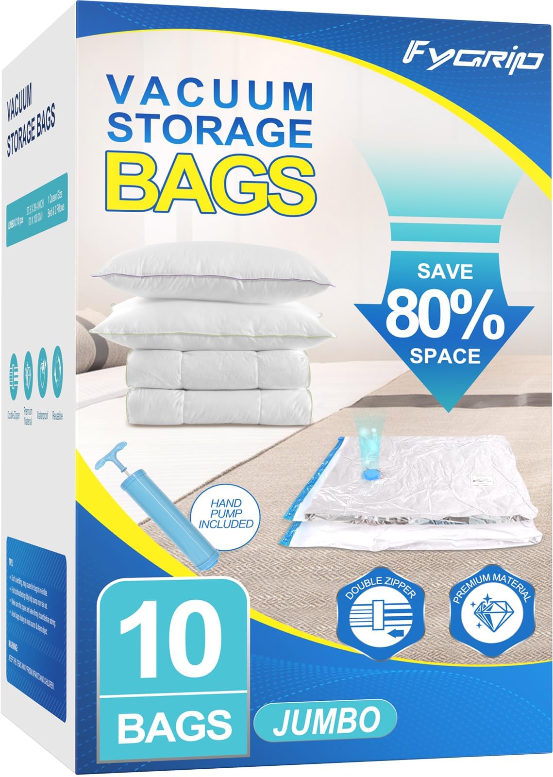 Fygrip 20 Pack Vacuum Storage Bags with Hand Pump, 4 Jumbo + 4 Large + 4 Medium + 8 Small Plastic Packaging Bags, 80% Space Saver Vacuum Seal Bags for Clothing, Travel Lugggage, Blankets, Comforters