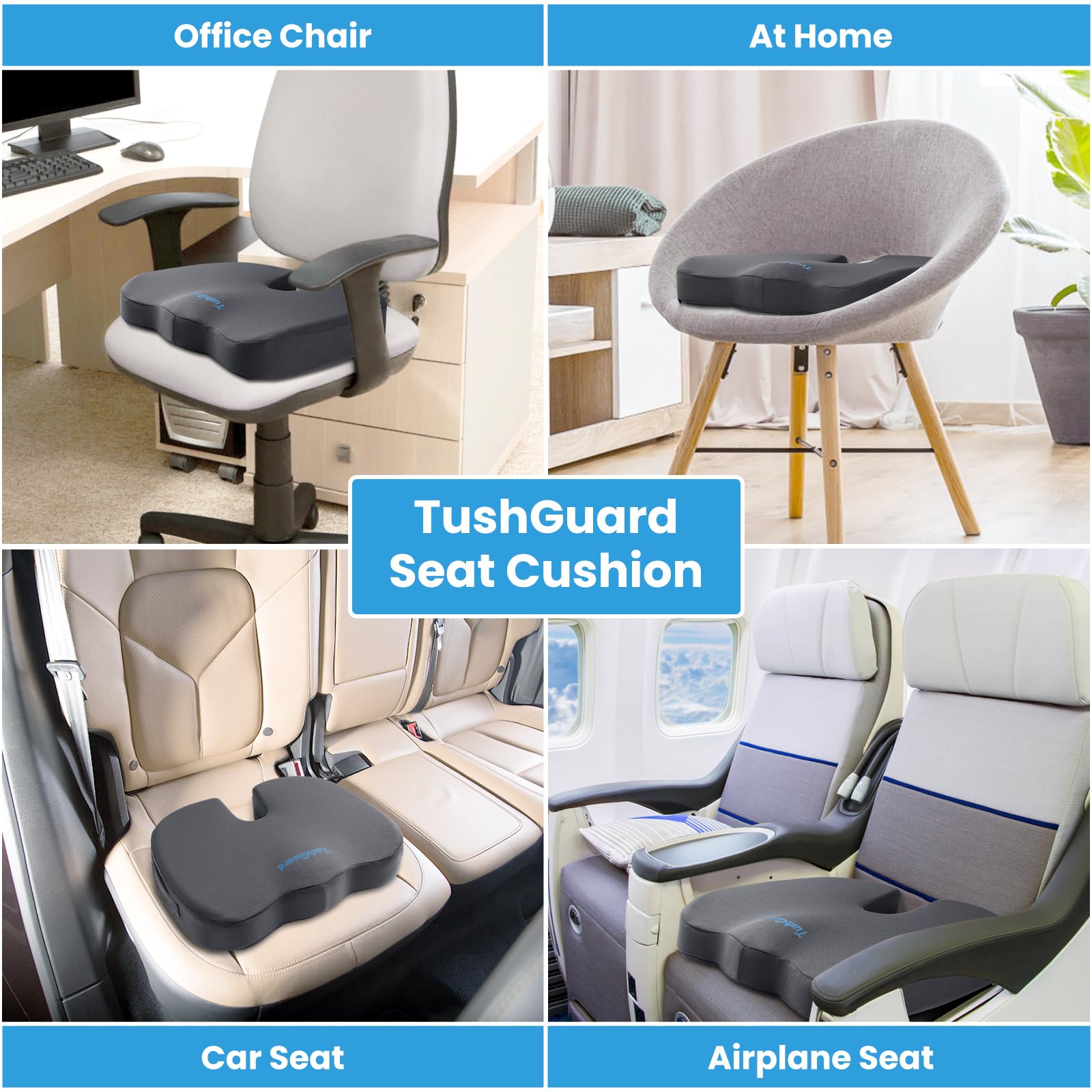 TushGuard Seat Cushion for Office Chair Memory Foam Non-Slip Cushion Back, Relief Chair Pad, Butt Pillow for Office Chair, Car, Computer Desk, Black