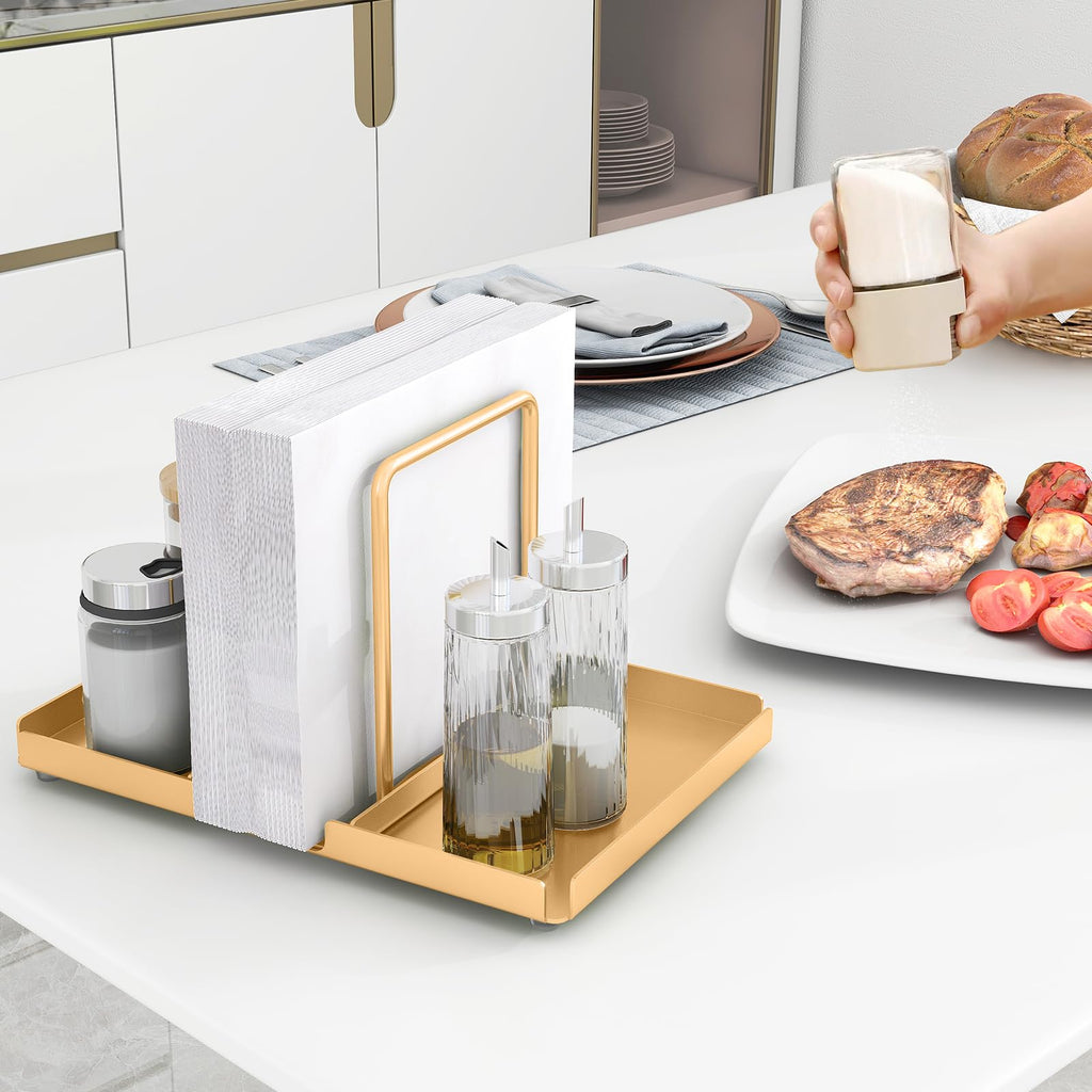 Napkin Holder for Table, Metal Napkin Holder with Salt and Pepper Shakers Caddy, Standing Paper Napkin Storage for Kitchen Dining Table Decor, Black