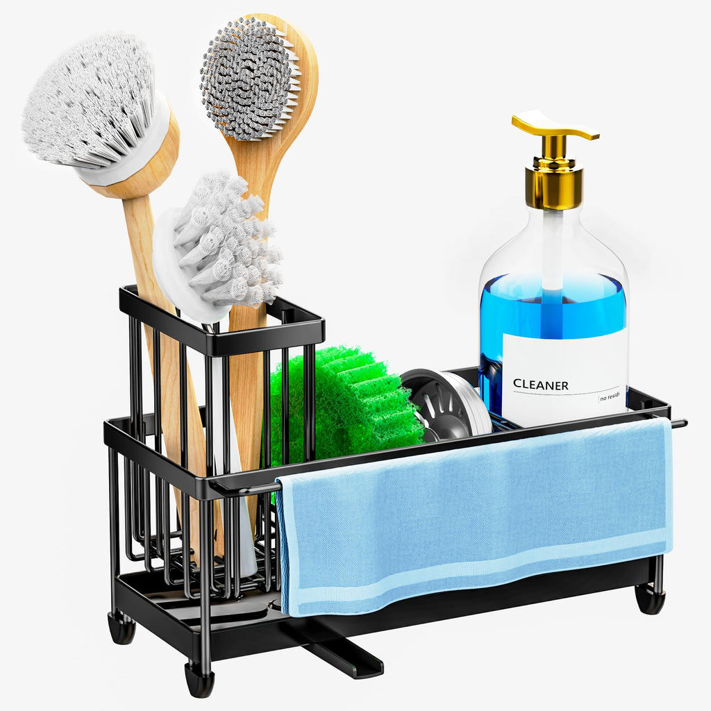 Cisily Black Sponge Holder for Kitchen Sink, Sink Caddy Organizer with High Brush Holder, Kitchen Countertop Organizers and Storage Essentials, Rustproof 304 Stainless Steel, Soap Dispenser Organize