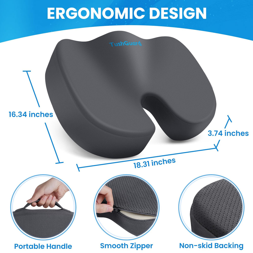 TushGuard Seat Cushion for Office Chair Memory Foam Non-Slip Cushion Back, Relief Chair Pad, Butt Pillow for Office Chair, Car, Computer Desk, Black