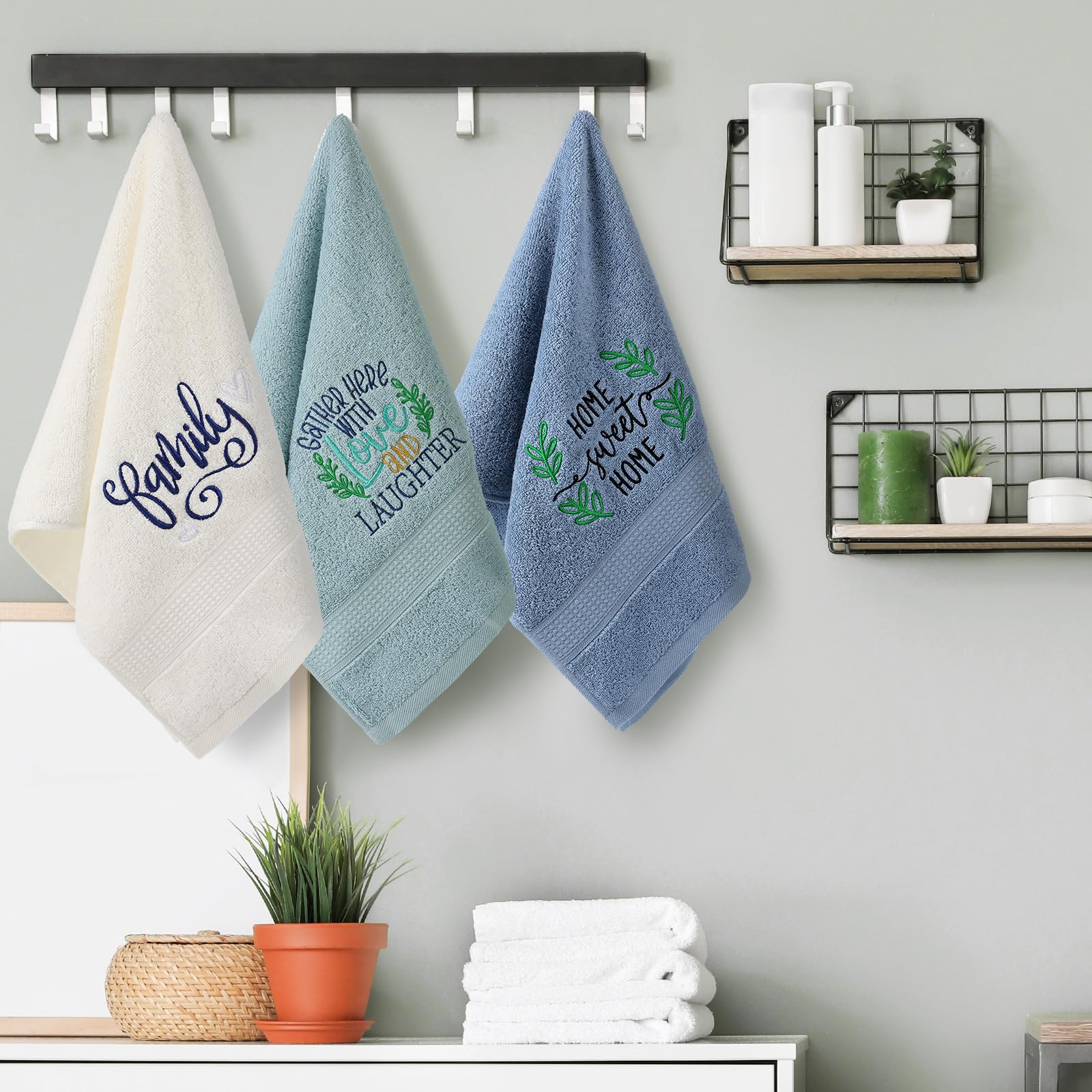 3 Pcs Home Love Family Hand Towels Farmhouse Decorative Embroidered Bathroom Hand Towels Rustic 100% Cotton Brown Hand Towels Set for Boho Bathroom Kitchen Decor