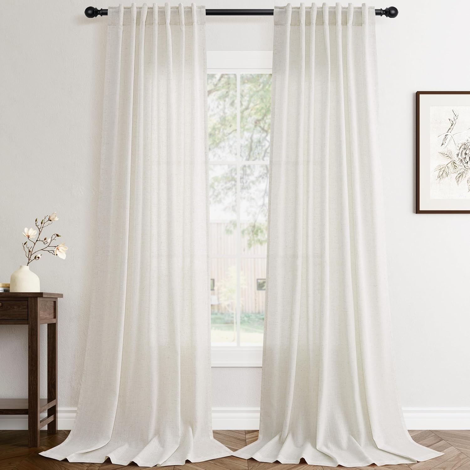 Rustic Brown Linen Back Tab Curtains 84 Inch Length for Living Room 2 Panel Pocket Drape Light Filtering Semi Sheer Cream Country Rustic Farmhouse Boho Curtain Bedroom Pinch Pleated Look