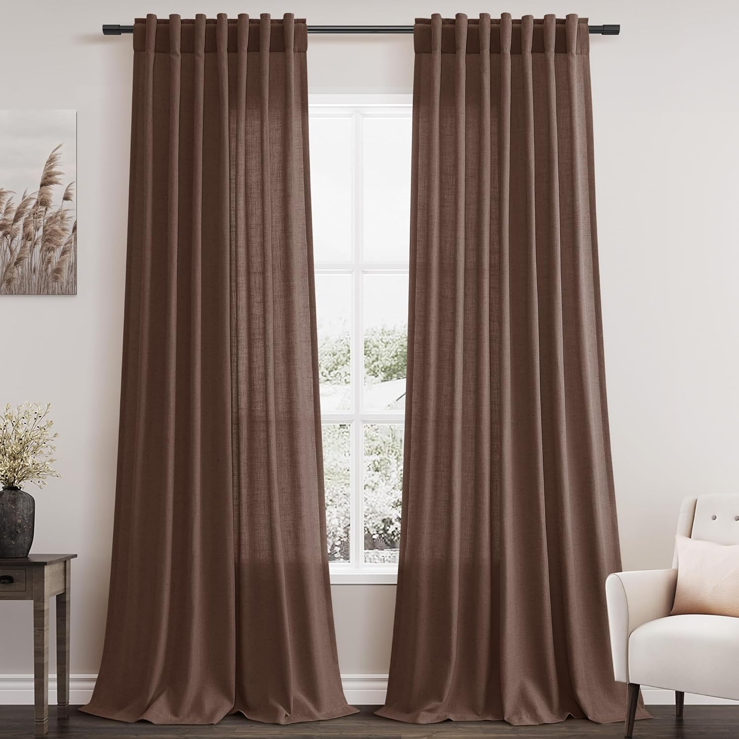Nanspring Burgundy Linen Curtains 84 Inch Length 2 Panels Set for Living Room Rod Pocket Back Tab Light Filtering Window Drapes for Bedroom Dining Room Protect Privacy Modern Farmhouse Decor 52x84