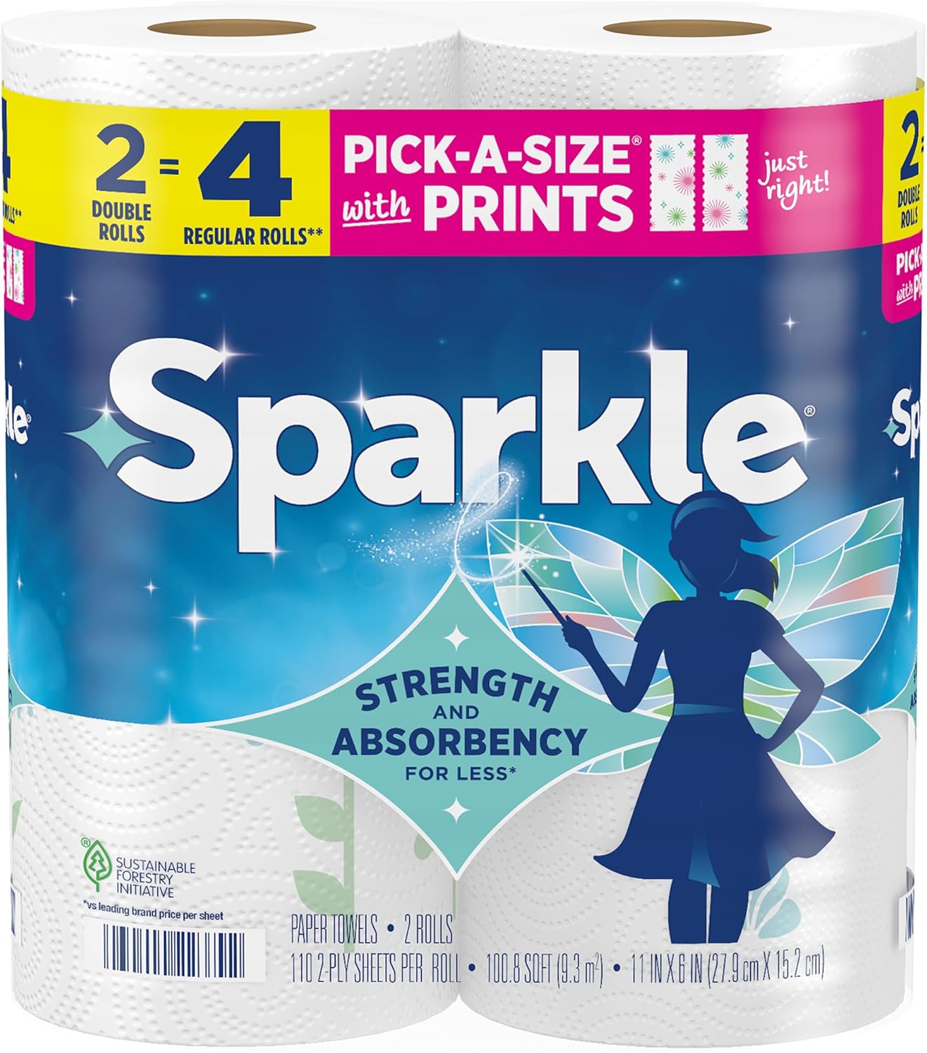 Sparkle Pick-A-Size Paper Towels, 24 Double Rolls (2,640 Sheets Total) - Strong 2-Ply Towels for Kitchen Cleanup and Everyday Messes