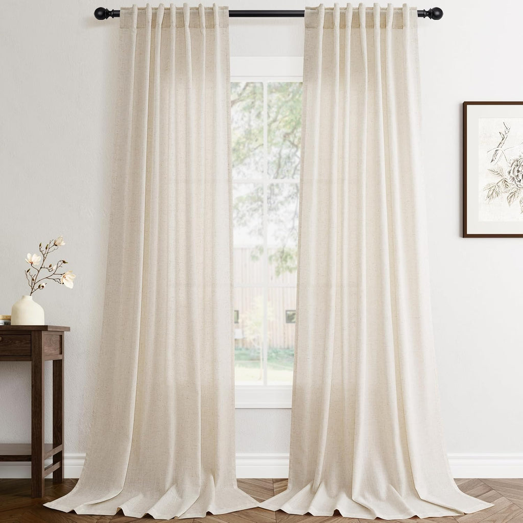 Rustic Brown Linen Back Tab Curtains 84 Inch Length for Living Room 2 Panel Pocket Drape Light Filtering Semi Sheer Cream Country Rustic Farmhouse Boho Curtain Bedroom Pinch Pleated Look