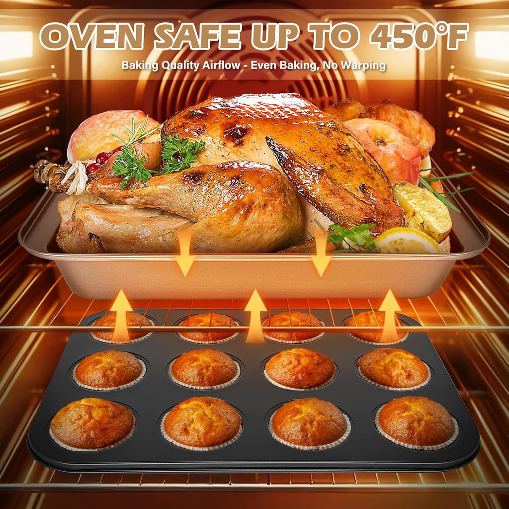 15pcs Nonstick Bakeware Set with Cooling Rack & Accessories, Baking Pan Set Includes Muffin Pan, Cake Pans, Loaf Pan, Baking Sheet, Measuring Cups & Tongs – Oven Safe Metal Bakeware for Home Baking