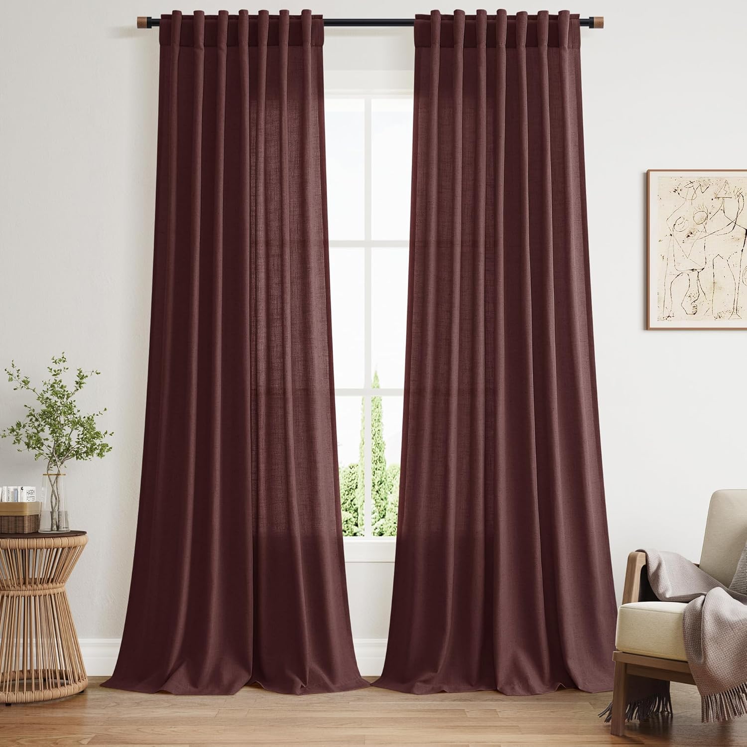 Nanspring Burgundy Linen Curtains 84 Inch Length 2 Panels Set for Living Room Rod Pocket Back Tab Light Filtering Window Drapes for Bedroom Dining Room Protect Privacy Modern Farmhouse Decor 52x84