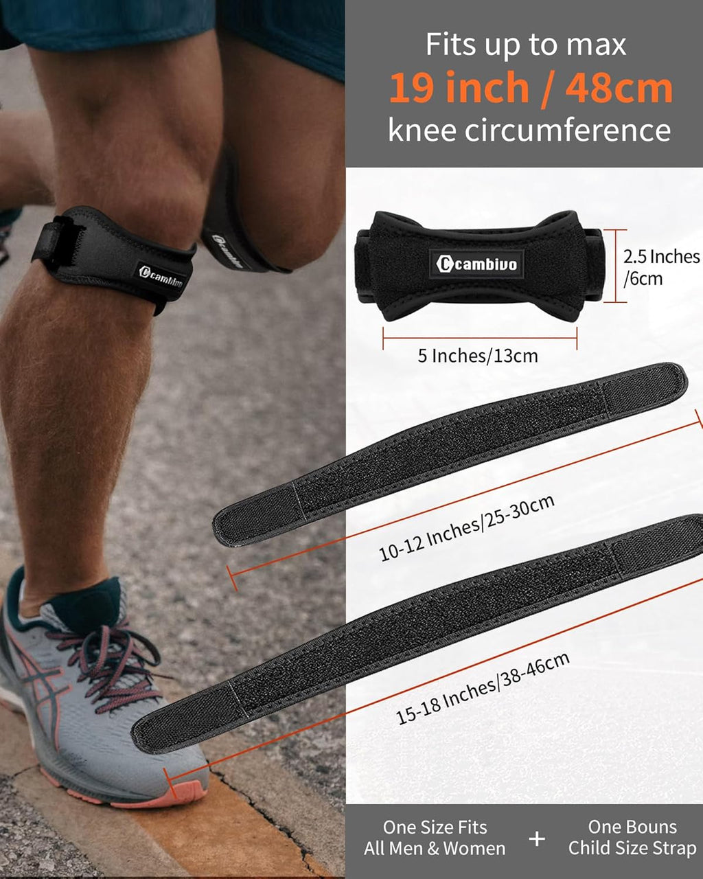 CAMBIVO 2 Pack Knee Braces for Women and Men, Patella Knee Support Strap, for Tendonitis, Basketball, Running, Hiking, Volleyball, Tennis, Squats