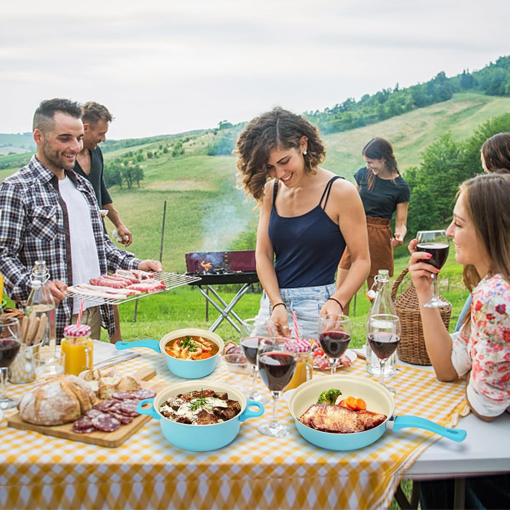 Non-Stick Cookware Set, Portable Lightweight Cast Iron Pots and Pans with Glass Lids and Nylon Utensils - 13 Piece Set Blue for Outdoor Camping Picnic Travel