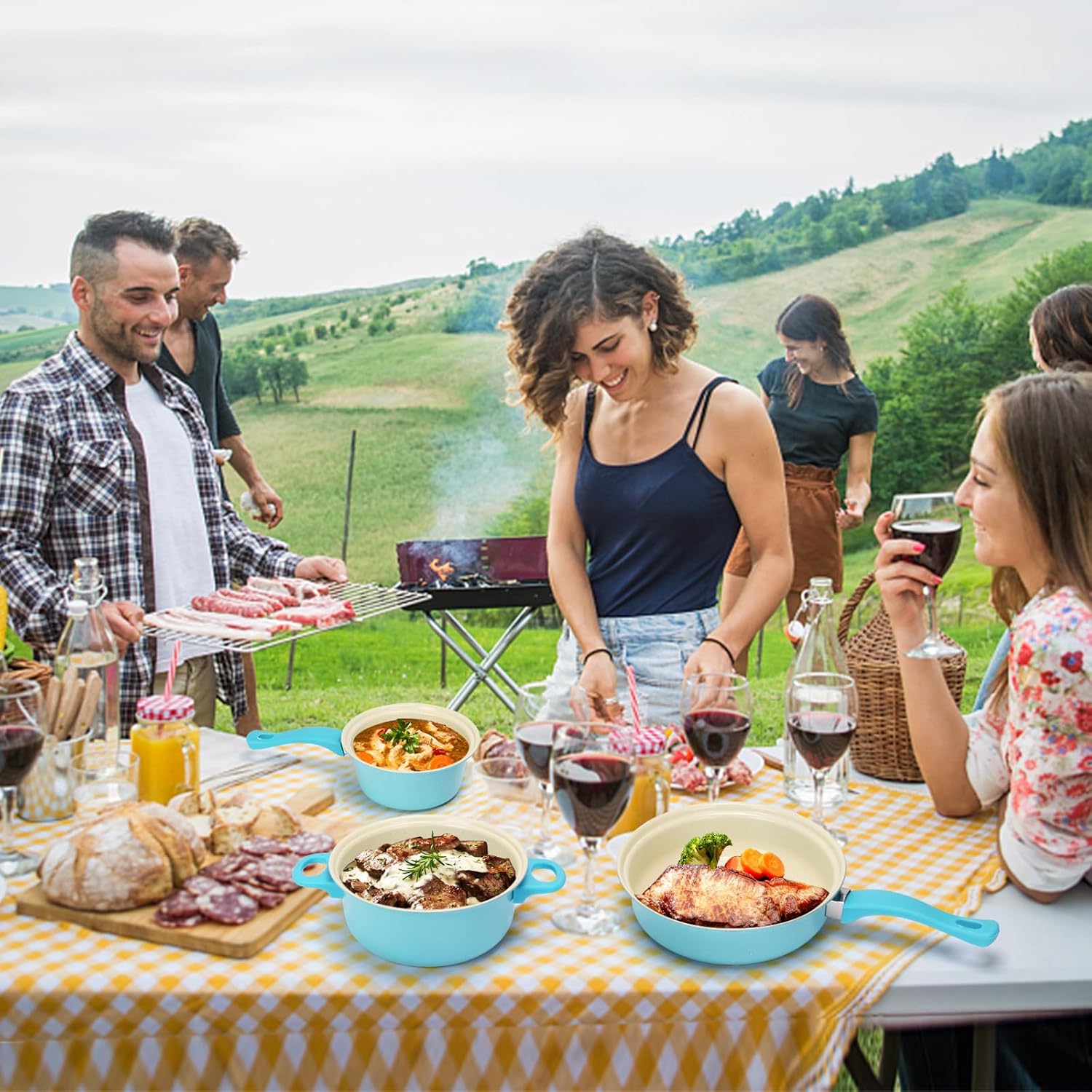 Non-Stick Cookware Set, Portable Lightweight Cast Iron Pots and Pans with Glass Lids and Nylon Utensils - 13 Piece Set Blue for Outdoor Camping Picnic Travel