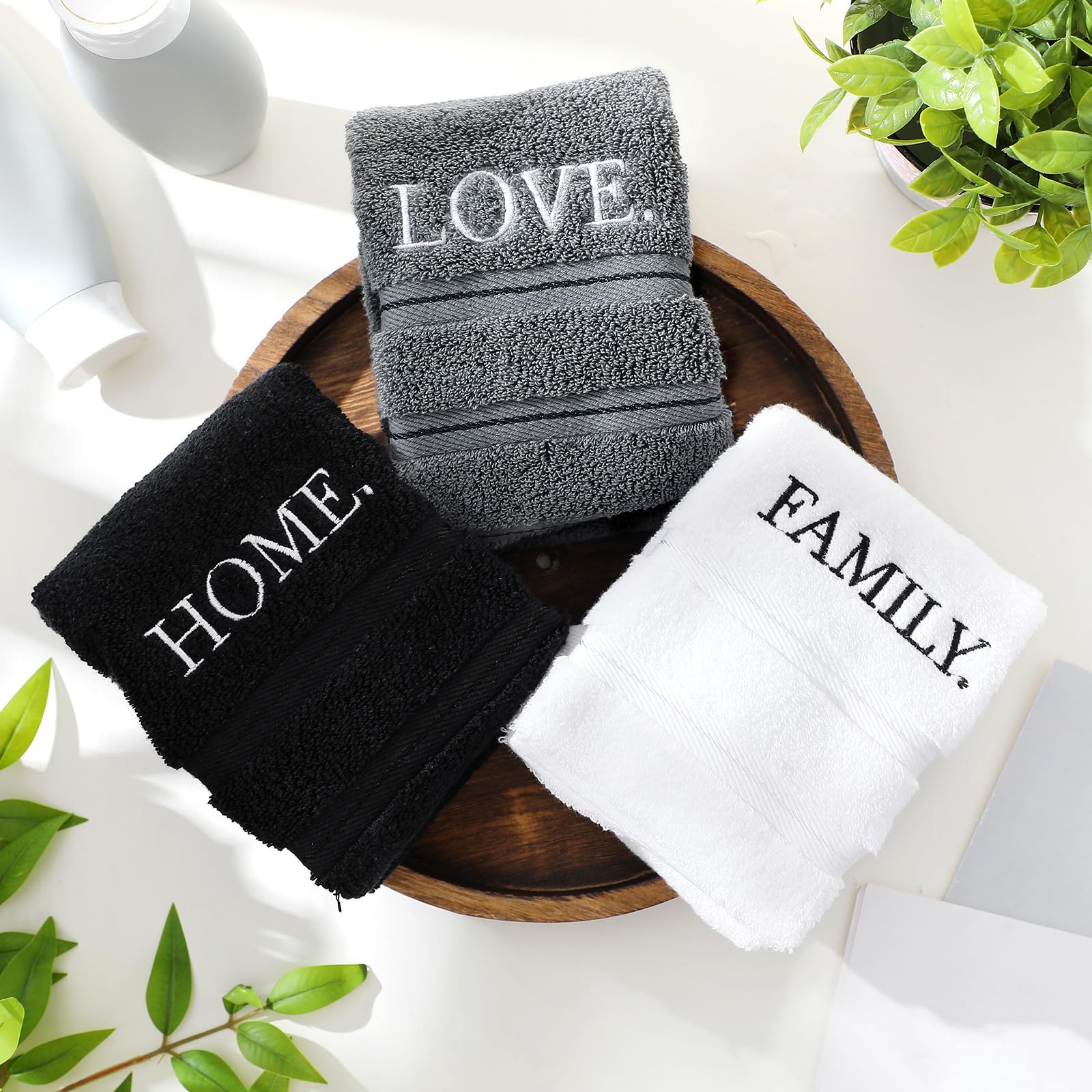 3 Pcs Home Love Family Hand Towels Farmhouse Decorative Embroidered Bathroom Hand Towels Rustic 100% Cotton Brown Hand Towels Set for Boho Bathroom Kitchen Decor