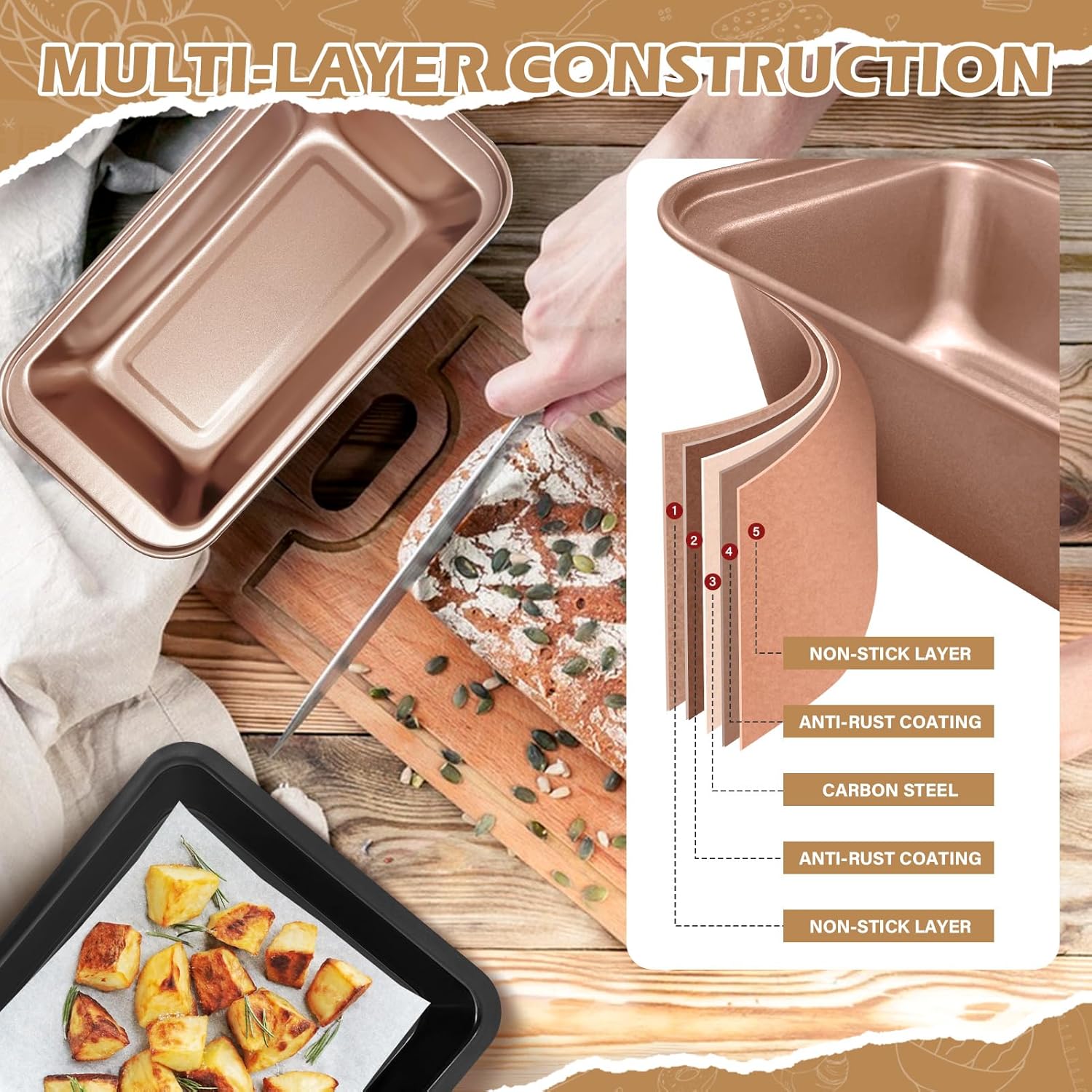 15pcs Nonstick Bakeware Set with Cooling Rack & Accessories, Baking Pan Set Includes Muffin Pan, Cake Pans, Loaf Pan, Baking Sheet, Measuring Cups & Tongs – Oven Safe Metal Bakeware for Home Baking