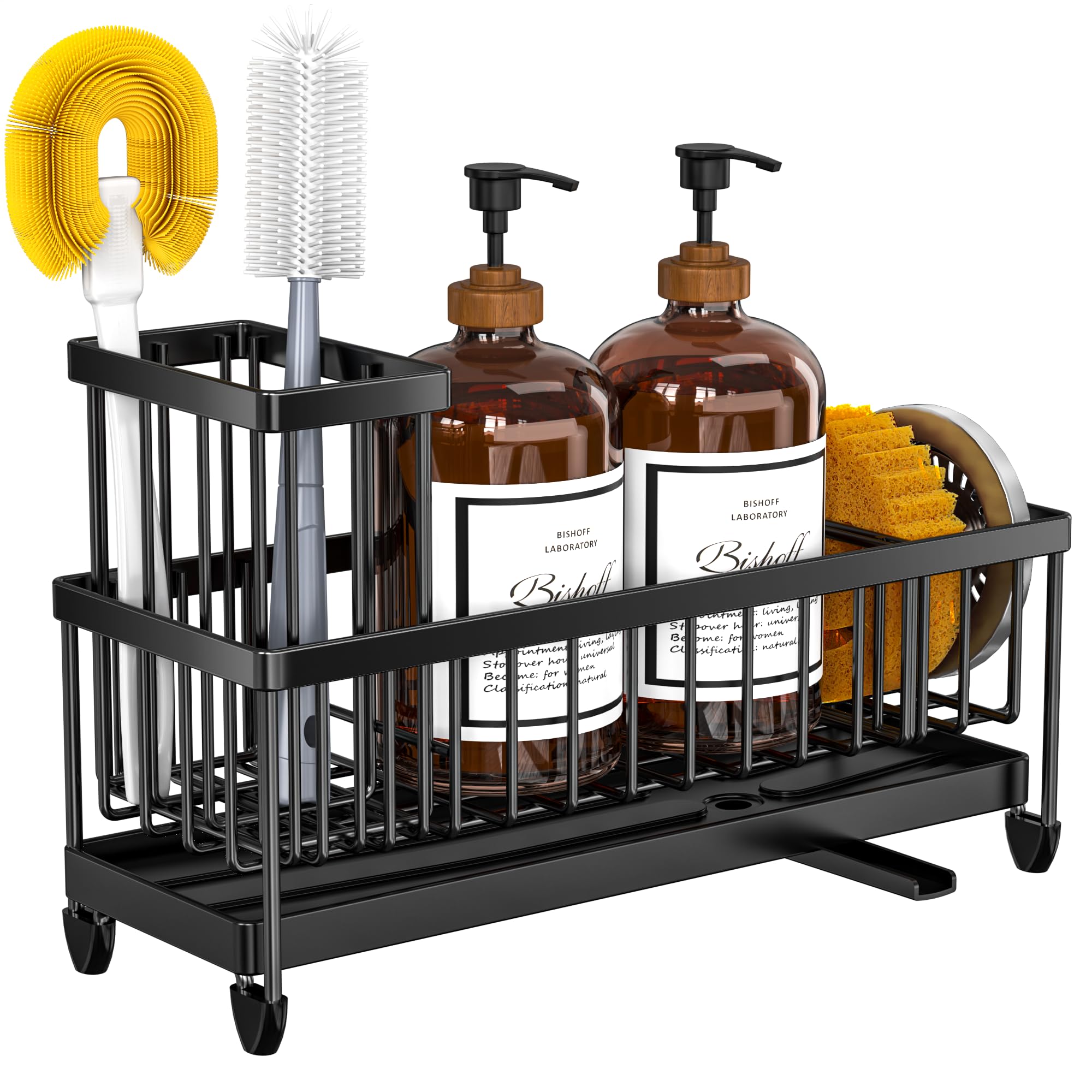 Cisily Black Sponge Holder for Kitchen Sink, Sink Caddy Organizer with High Brush Holder, Kitchen Countertop Organizers and Storage Essentials, Rustproof 304 Stainless Steel, Soap Dispenser Organize