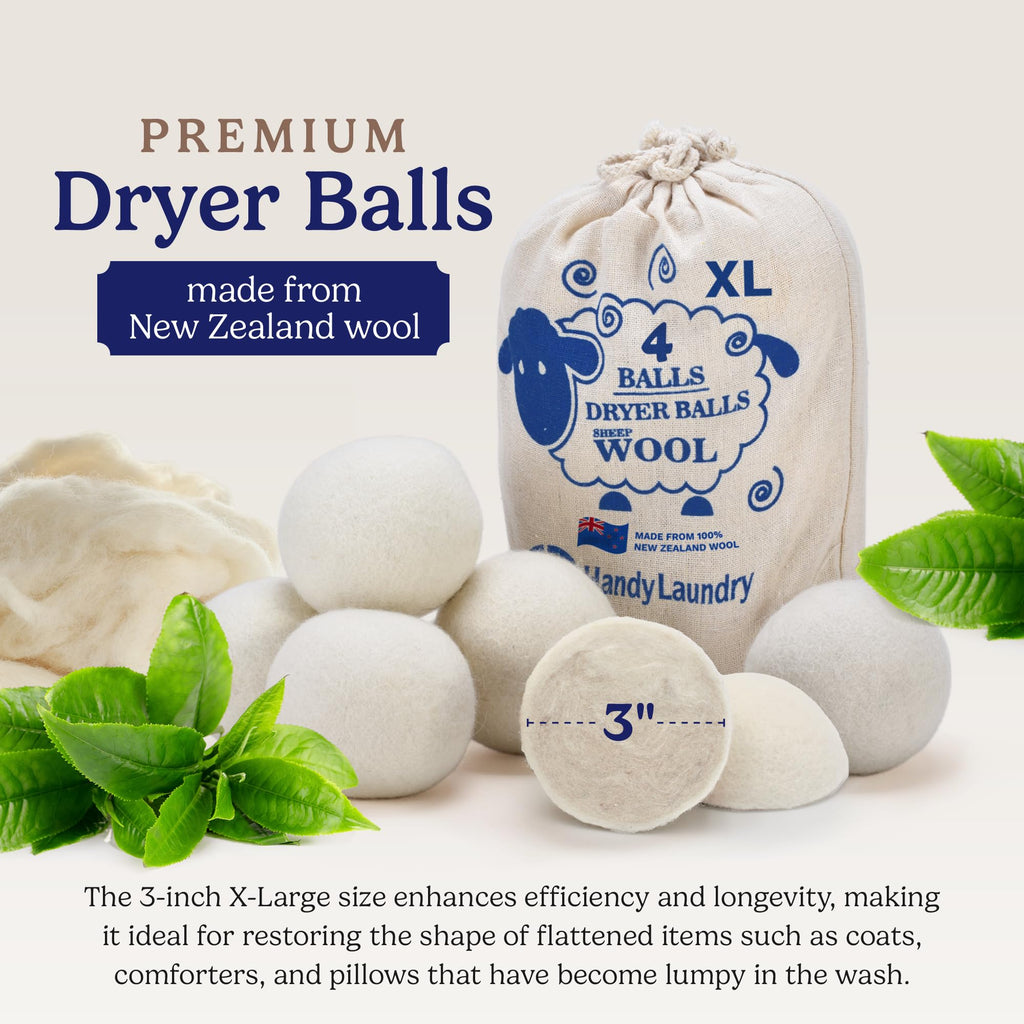 Handy Laundry Wool Dryer Balls - Natural Fabric Softener, Reusable, Reduces Clothing Wrinkles and Saves Drying Time, Better Alternative to Plastic Balls and Liquid Softener (Pack of 4)