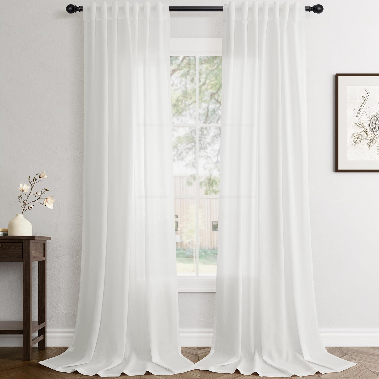 Rustic Brown Linen Back Tab Curtains 84 Inch Length for Living Room 2 Panel Pocket Drape Light Filtering Semi Sheer Cream Country Rustic Farmhouse Boho Curtain Bedroom Pinch Pleated Look