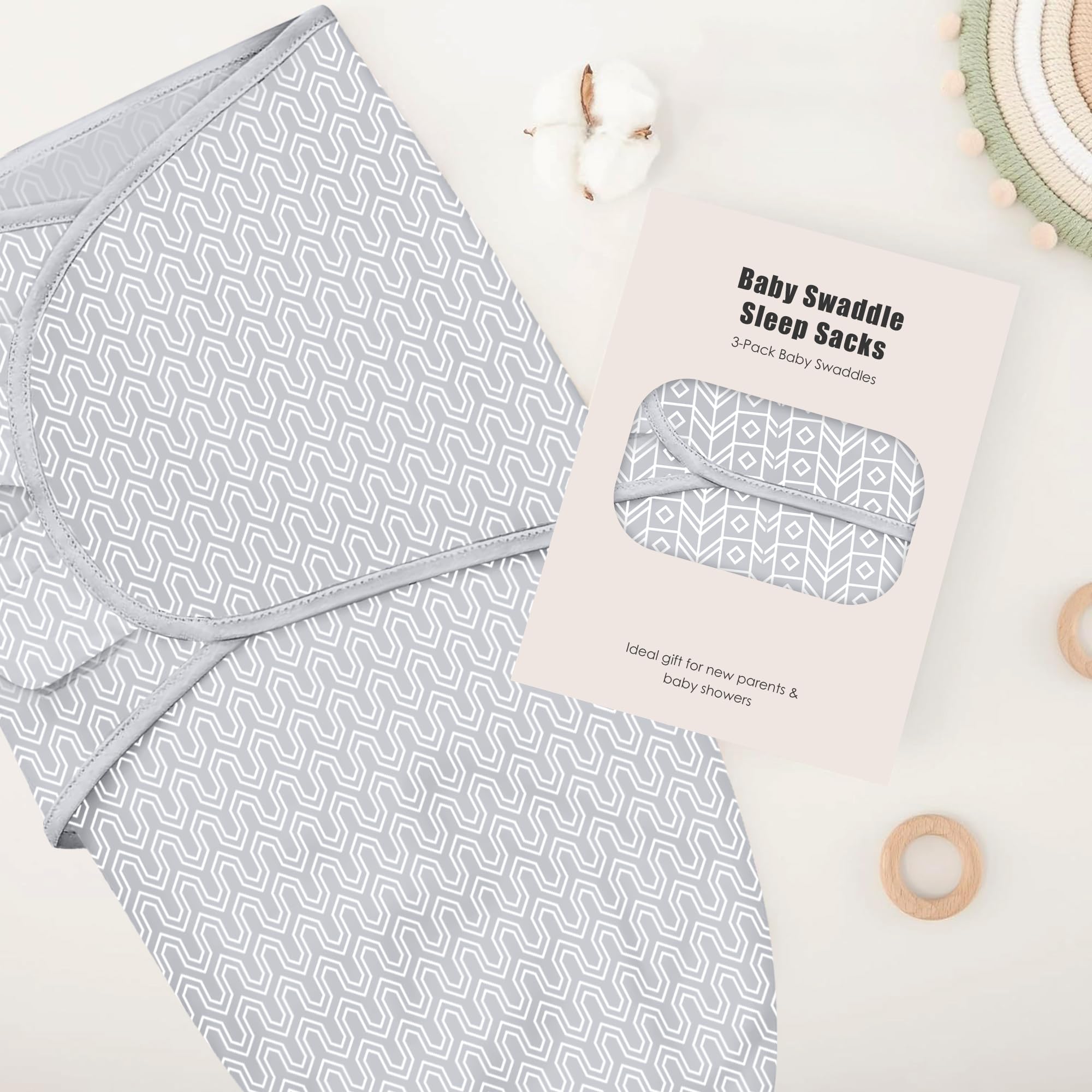 SWEET DOLPHIN 3-Pack Baby Swaddle Sleep Sacks - Newborn Swaddle Blanket with Soft Cotton - Ergonomic Wrap for Boys and Girls, 0-3 Months, Grey