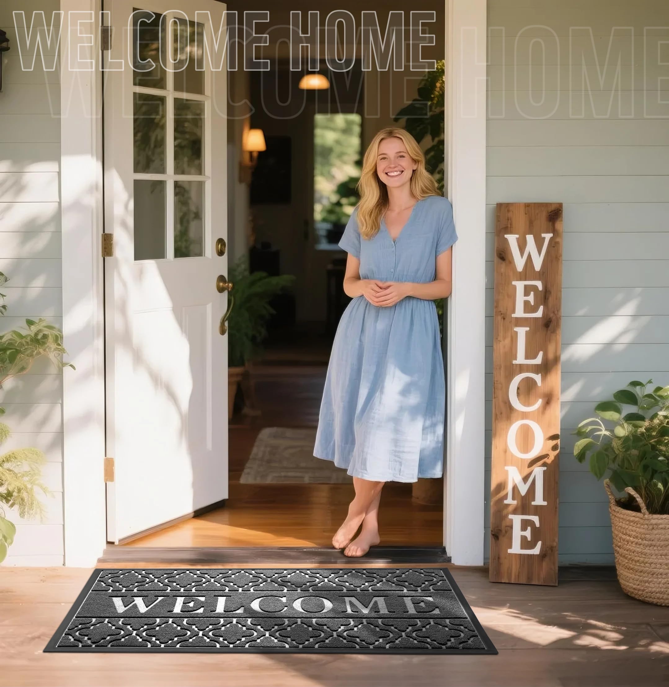 Yimobra Welcome Mat Outdoor Indoor, All-Weather Waterproof Front Door Mat Outside Entrance, Non-Slip Low Profile Porch Patio Doormat, 29.5x17, Black