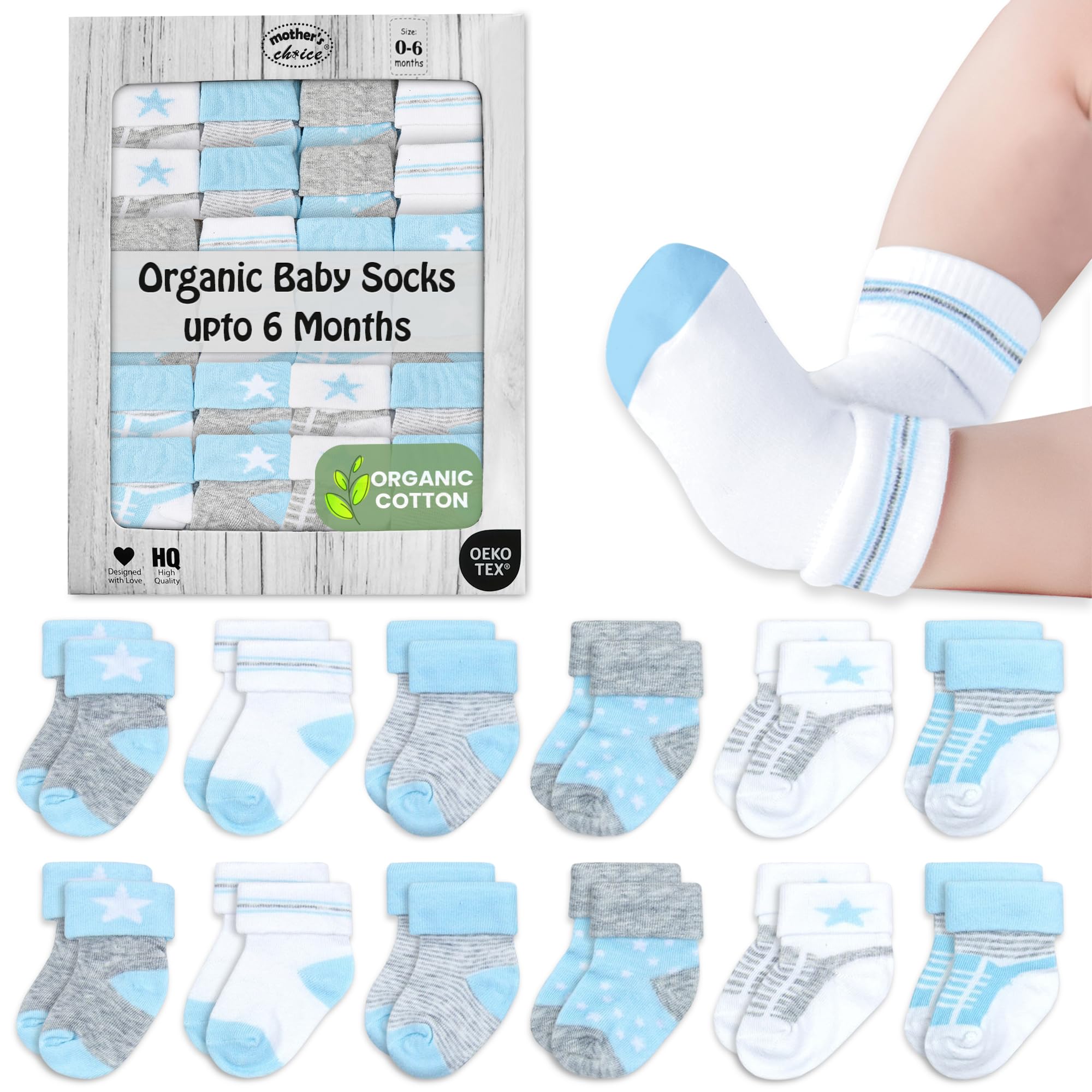 Mother's Choice Organic Cotton Baby Socks Infant 0-6 Months - 12 pairs Soft, Cozy, and Gentle Newborn Socks for Girls & Boys, Perfect Baby Gift for Everyday Wear, and Infant Comfort