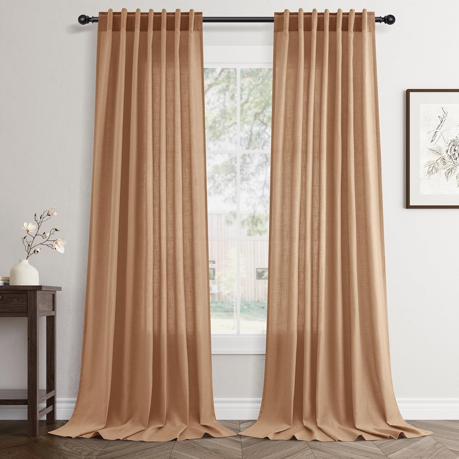 Rustic Brown Linen Back Tab Curtains 84 Inch Length for Living Room 2 Panel Pocket Drape Light Filtering Semi Sheer Cream Country Rustic Farmhouse Boho Curtain Bedroom Pinch Pleated Look