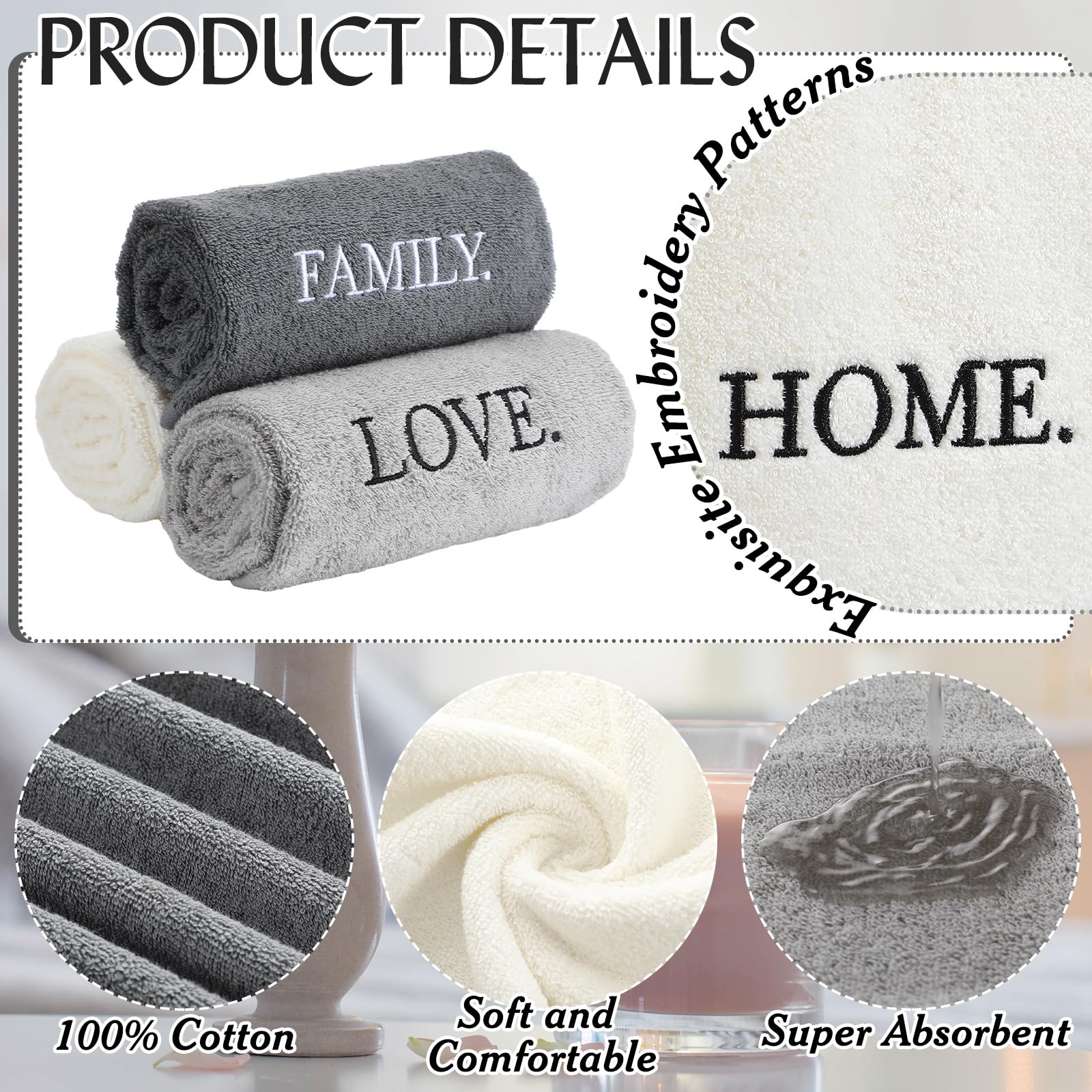 3 Pcs Home Love Family Hand Towels Farmhouse Decorative Embroidered Bathroom Hand Towels Rustic 100% Cotton Brown Hand Towels Set for Boho Bathroom Kitchen Decor