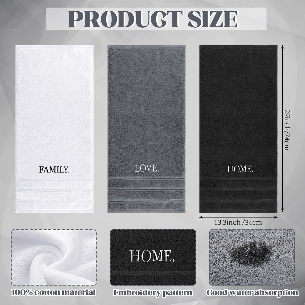 3 Pcs Home Love Family Hand Towels Farmhouse Decorative Embroidered Bathroom Hand Towels Rustic 100% Cotton Brown Hand Towels Set for Boho Bathroom Kitchen Decor